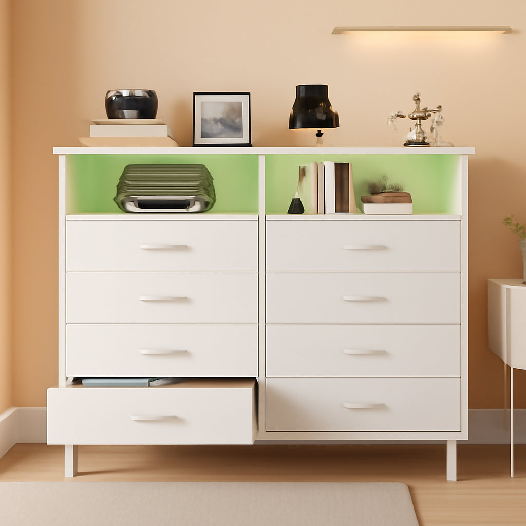 White Dresser With LED Lights And Charging Station