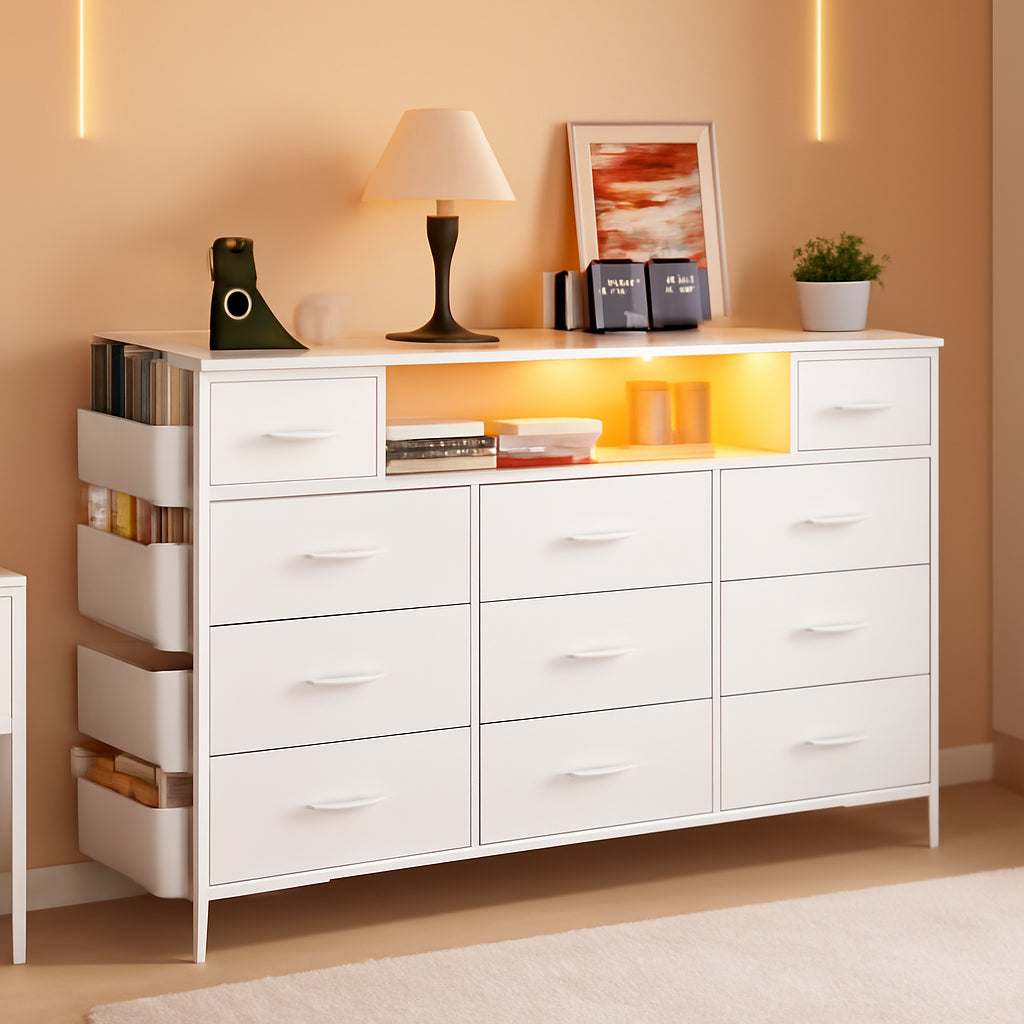 White Dresser With Power Outlets And LED Lights 11 Drawers