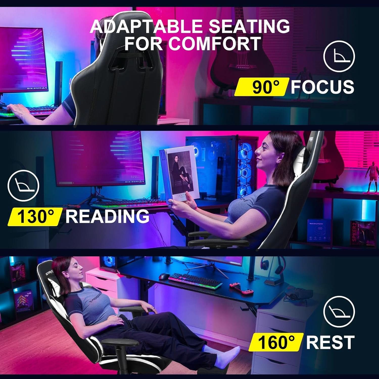 White Ergonomic Gaming Chair With Footrest And Height Adjustable
