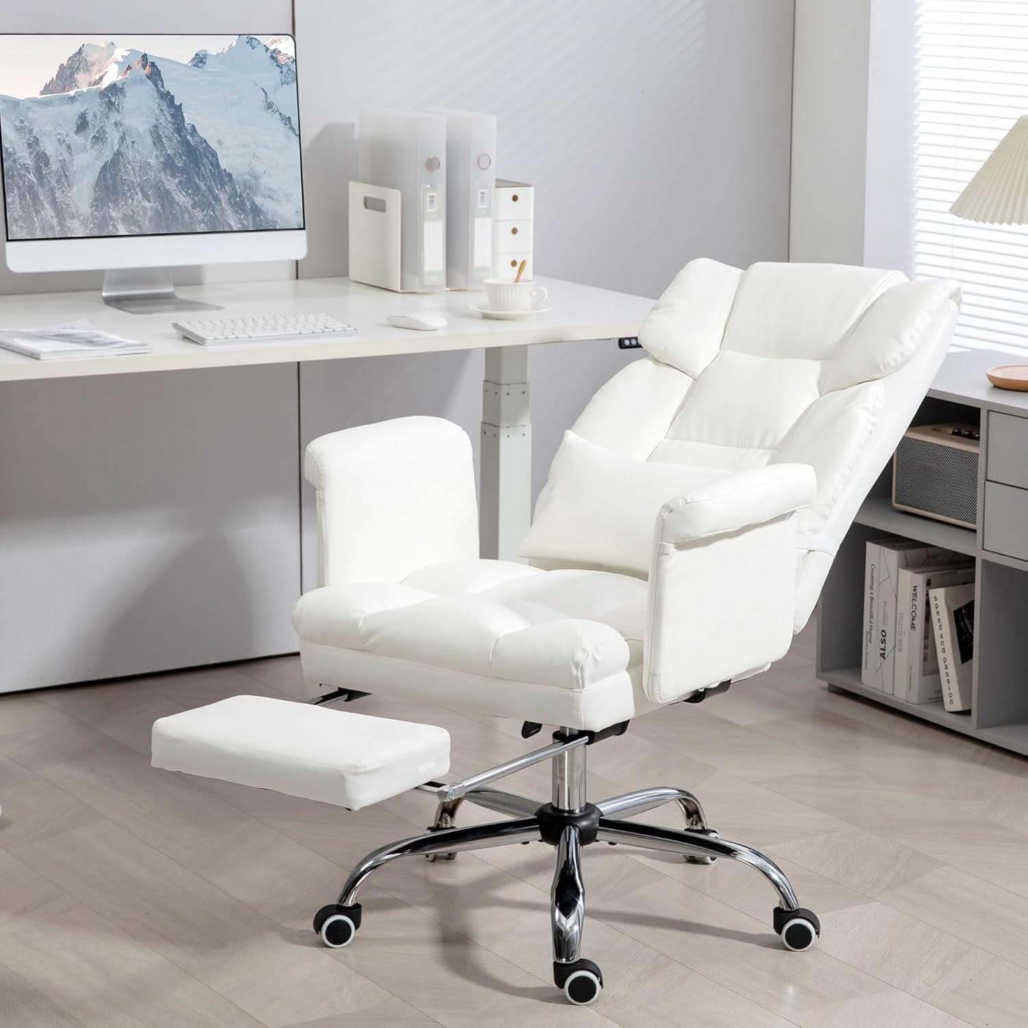 White Ergonomic Office Chair With Footrest And Swivel
