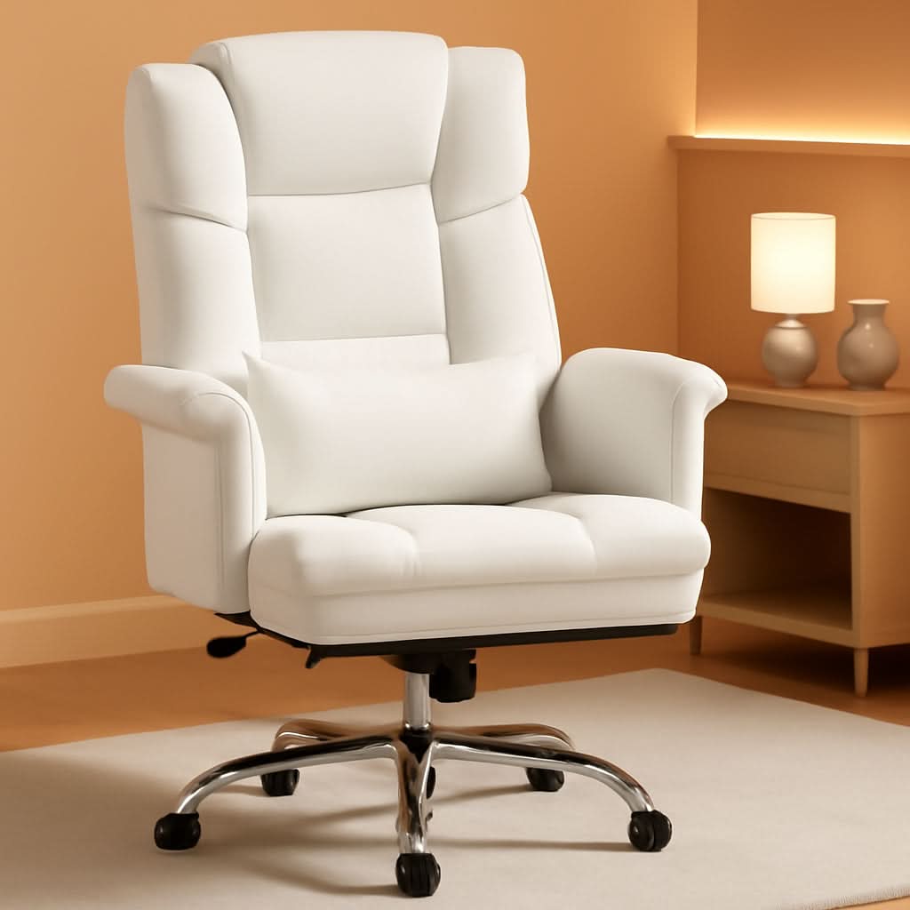White Ergonomic Office Chair With Footrest And Swivel