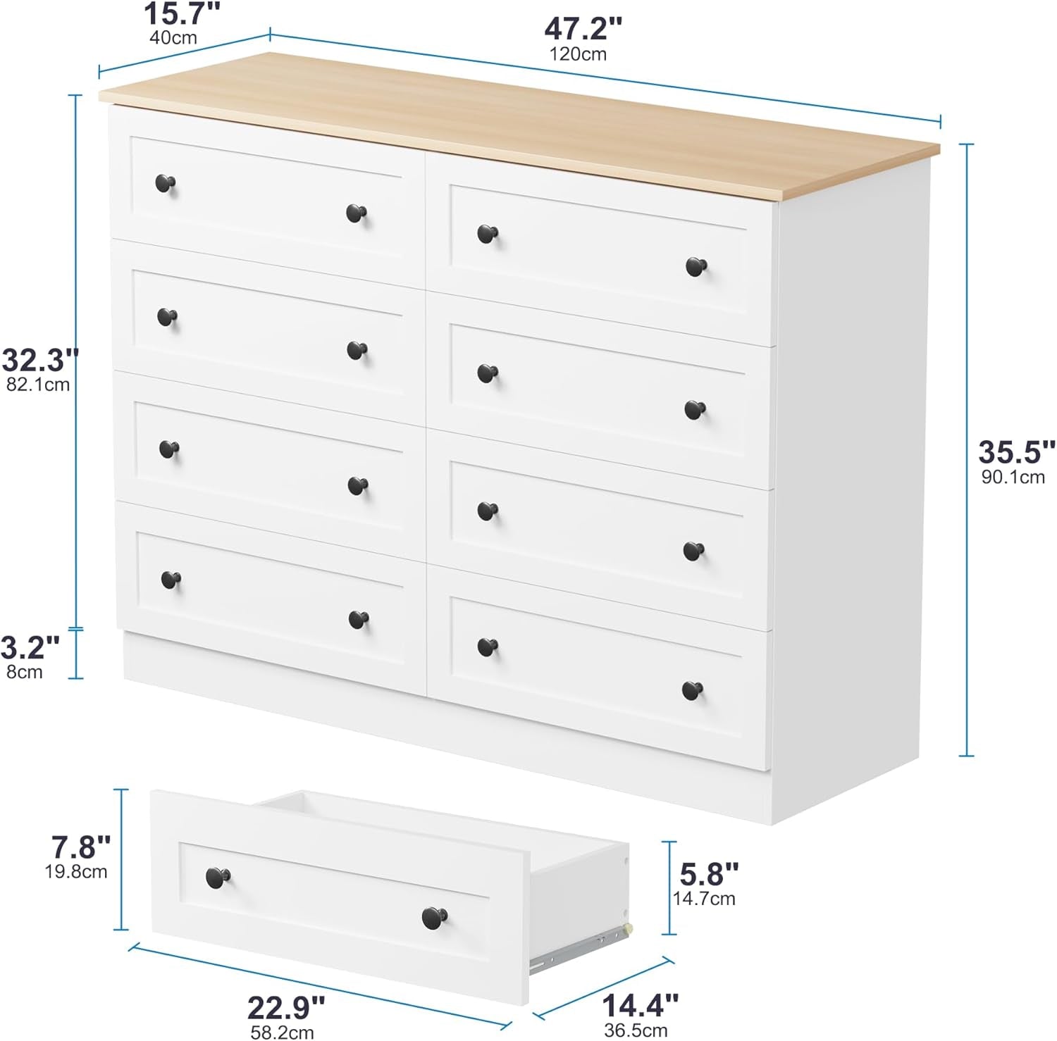 White Farmhouse 8 Drawer Dresser With Deep Drawers