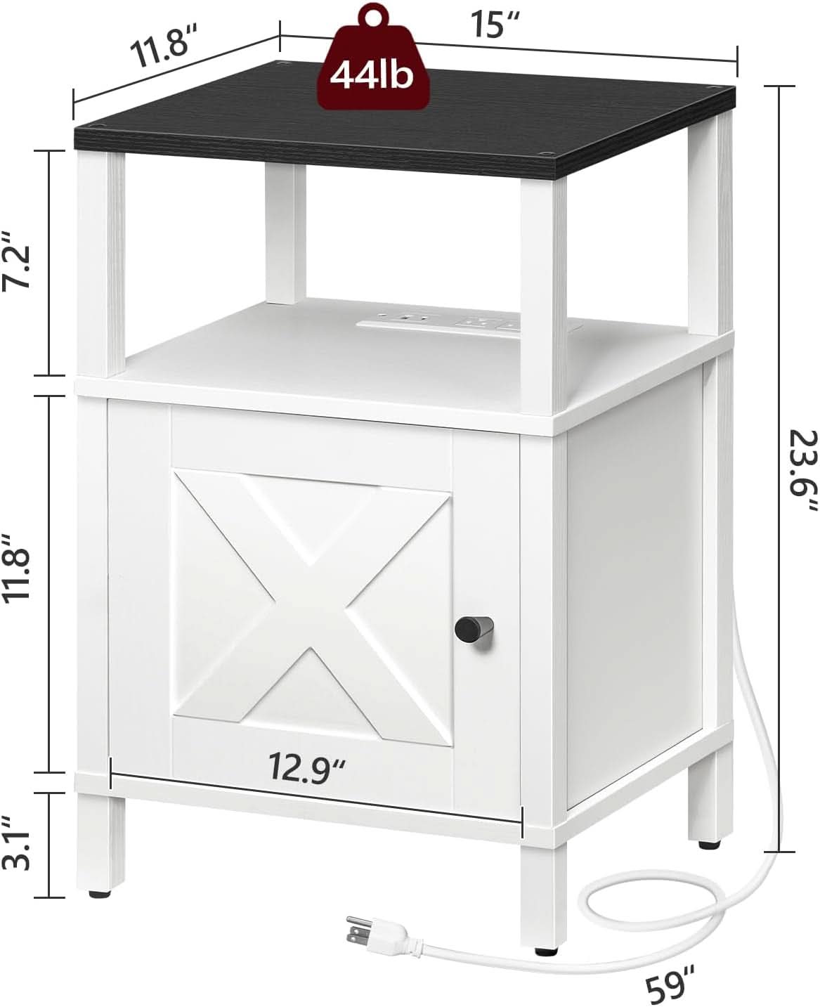 White Farmhouse Bedside Nightstand With USB Type C Ports