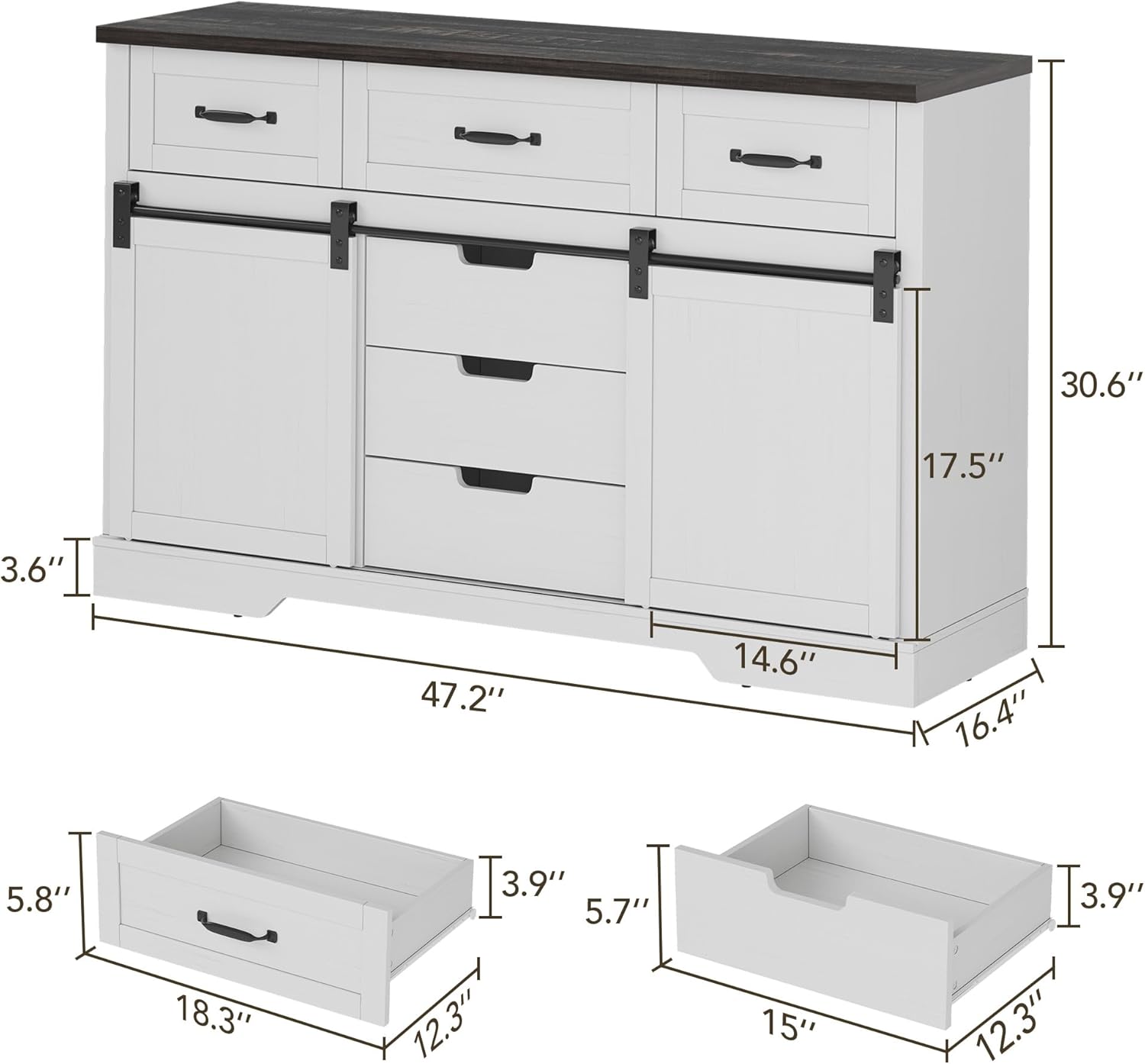 White Farmhouse Buffet Cabinet 47 Inch Wide With Drawers