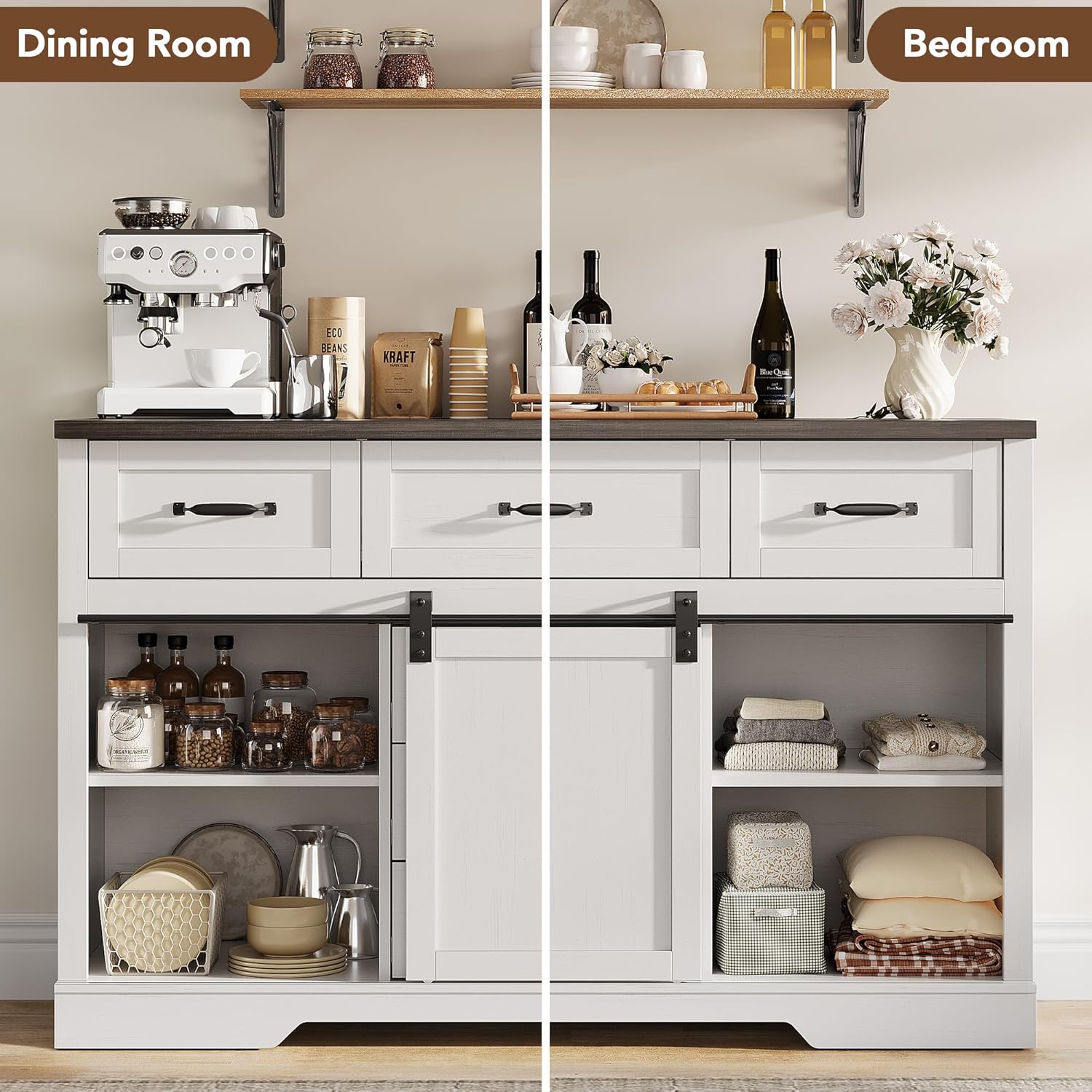 White Farmhouse Buffet Cabinet 47 Inch Wide With Drawers