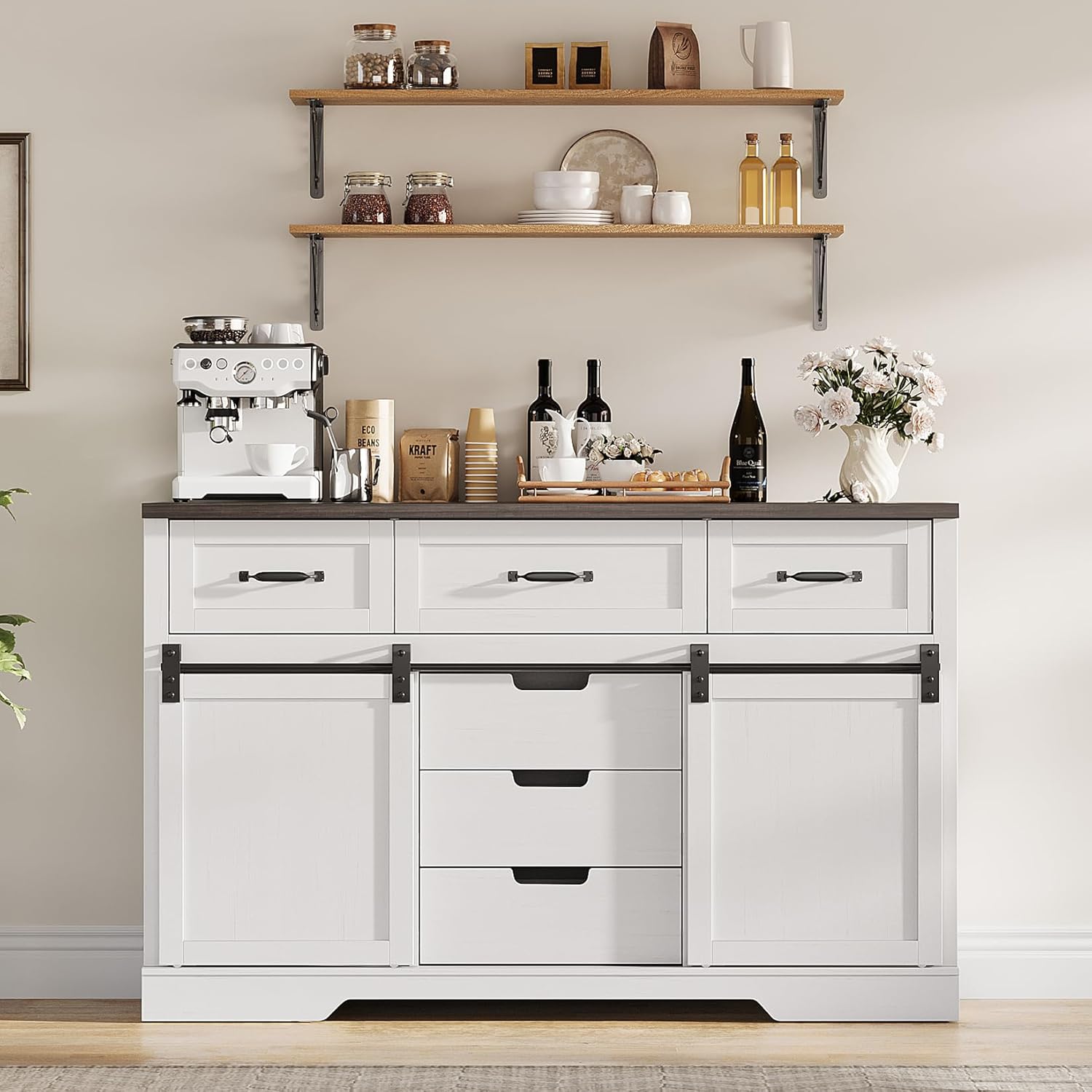White Farmhouse Buffet Cabinet 47 Inch Wide With Drawers