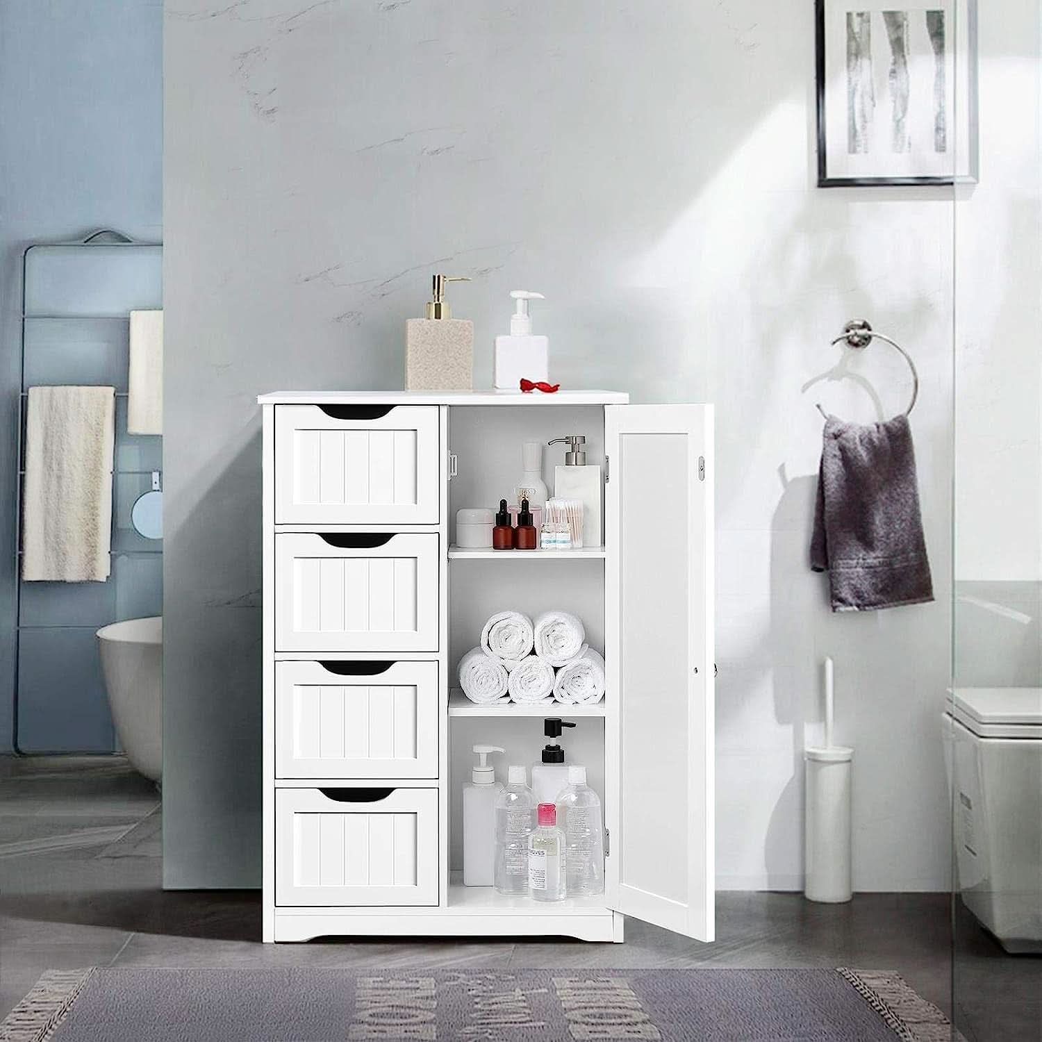 White Floor Cabinet With Four Drawers For Entryway Use
