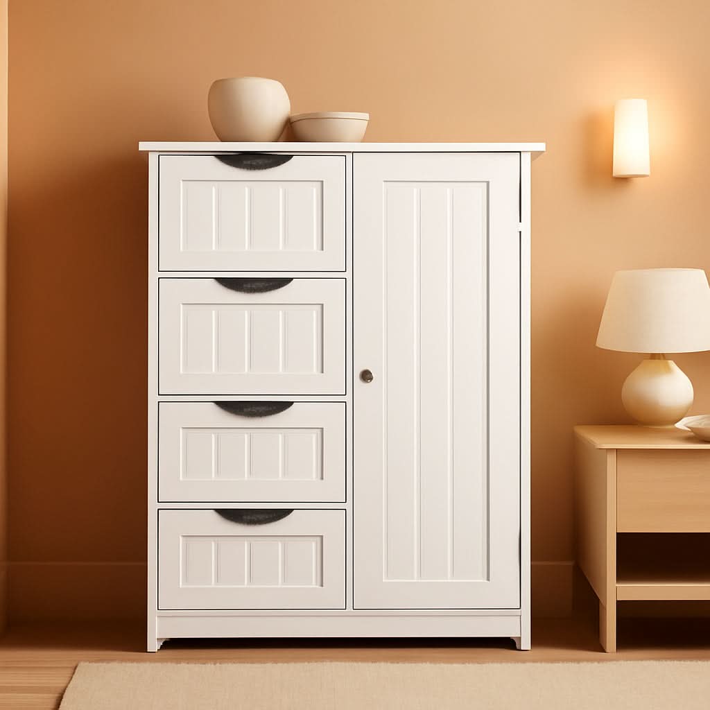 White Floor Cabinet With Four Drawers For Entryway Use