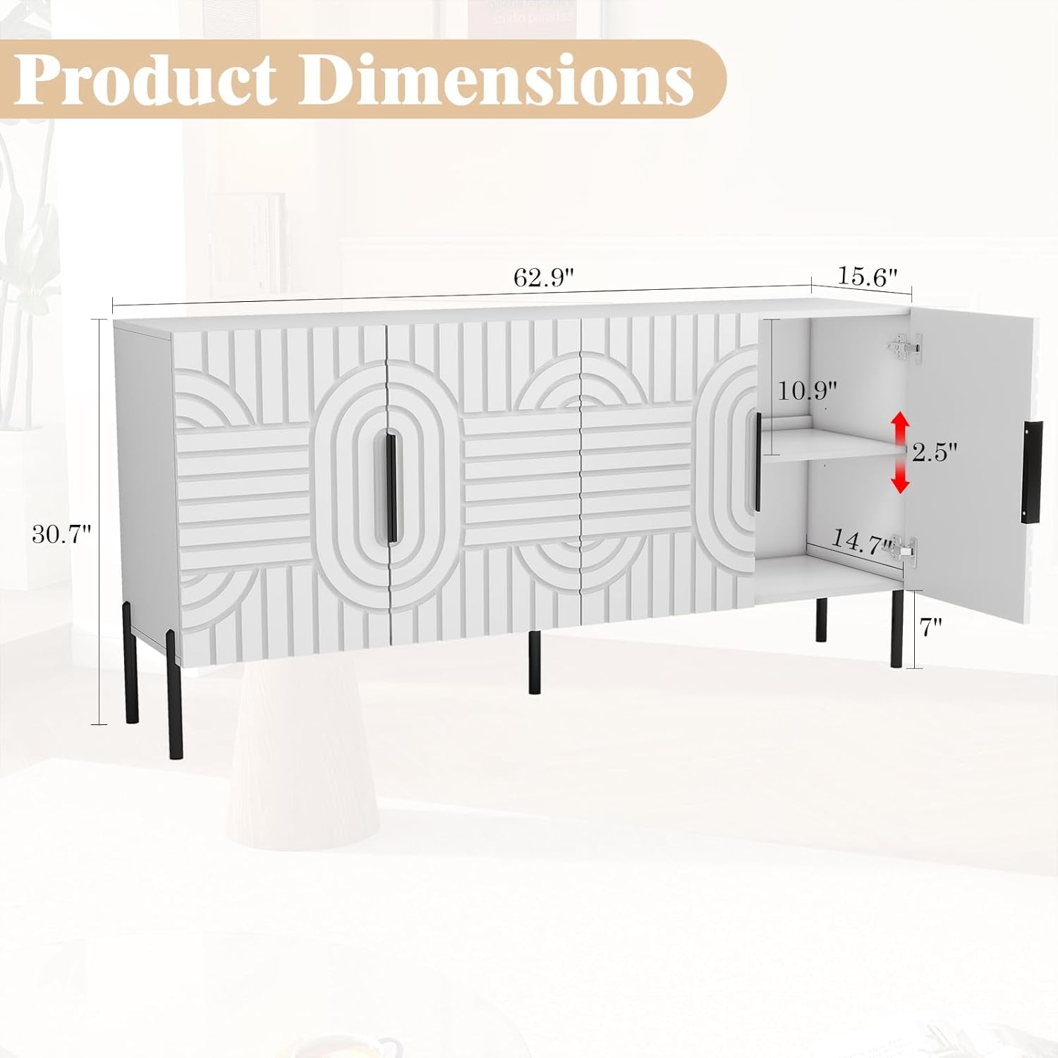 White Fluted Sideboard Buffet Cabinet With Storage