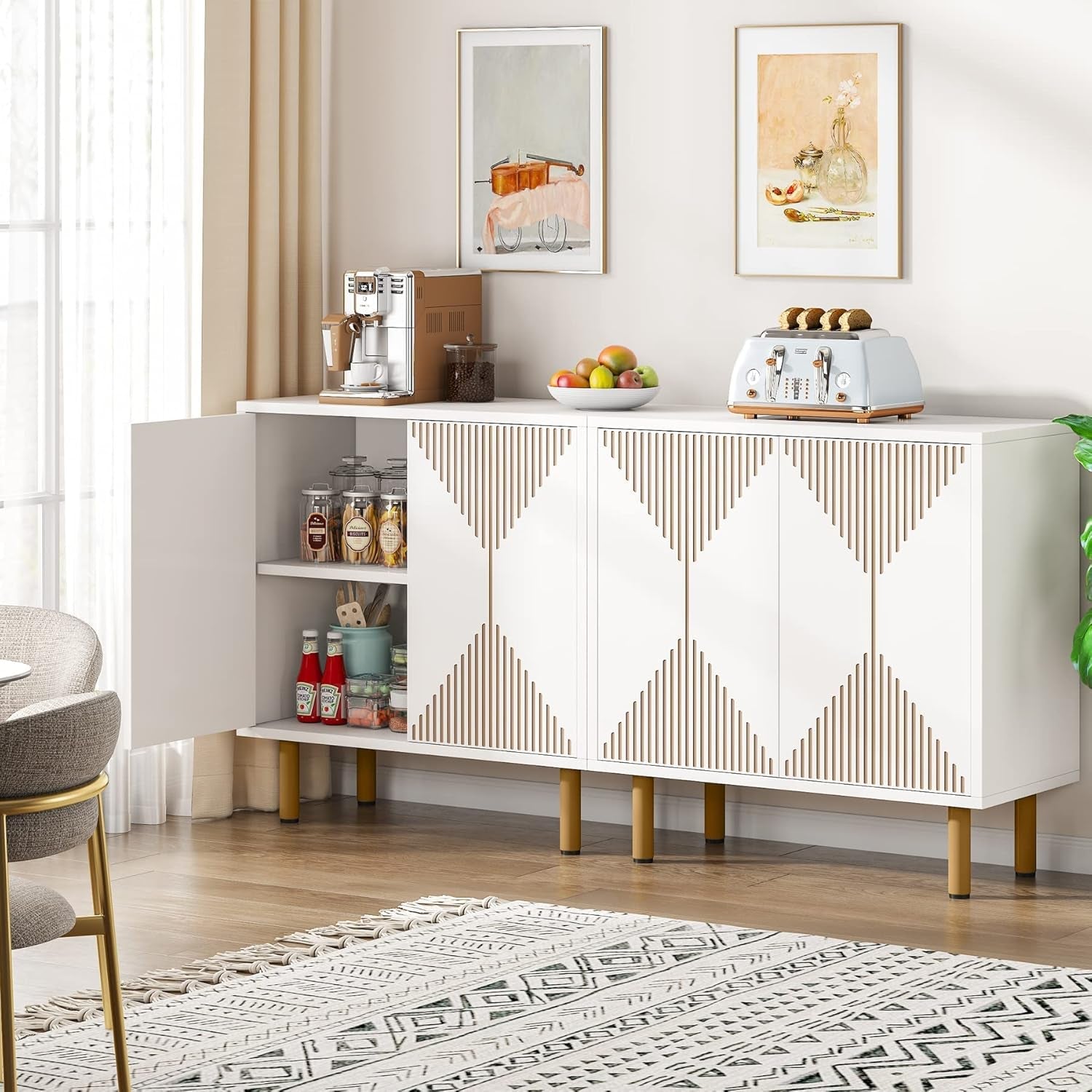 White Four Door Sideboard Cabinet For Dining Room Storage