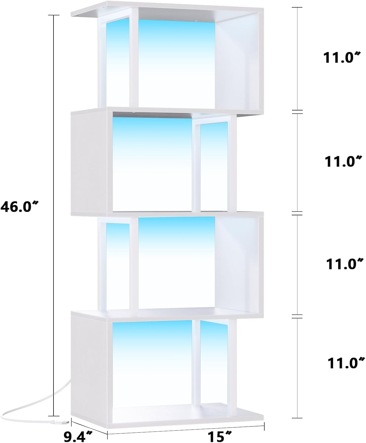 White Geometric Bookshelf With LED Light 5 Tier S Shaped Bookcase
