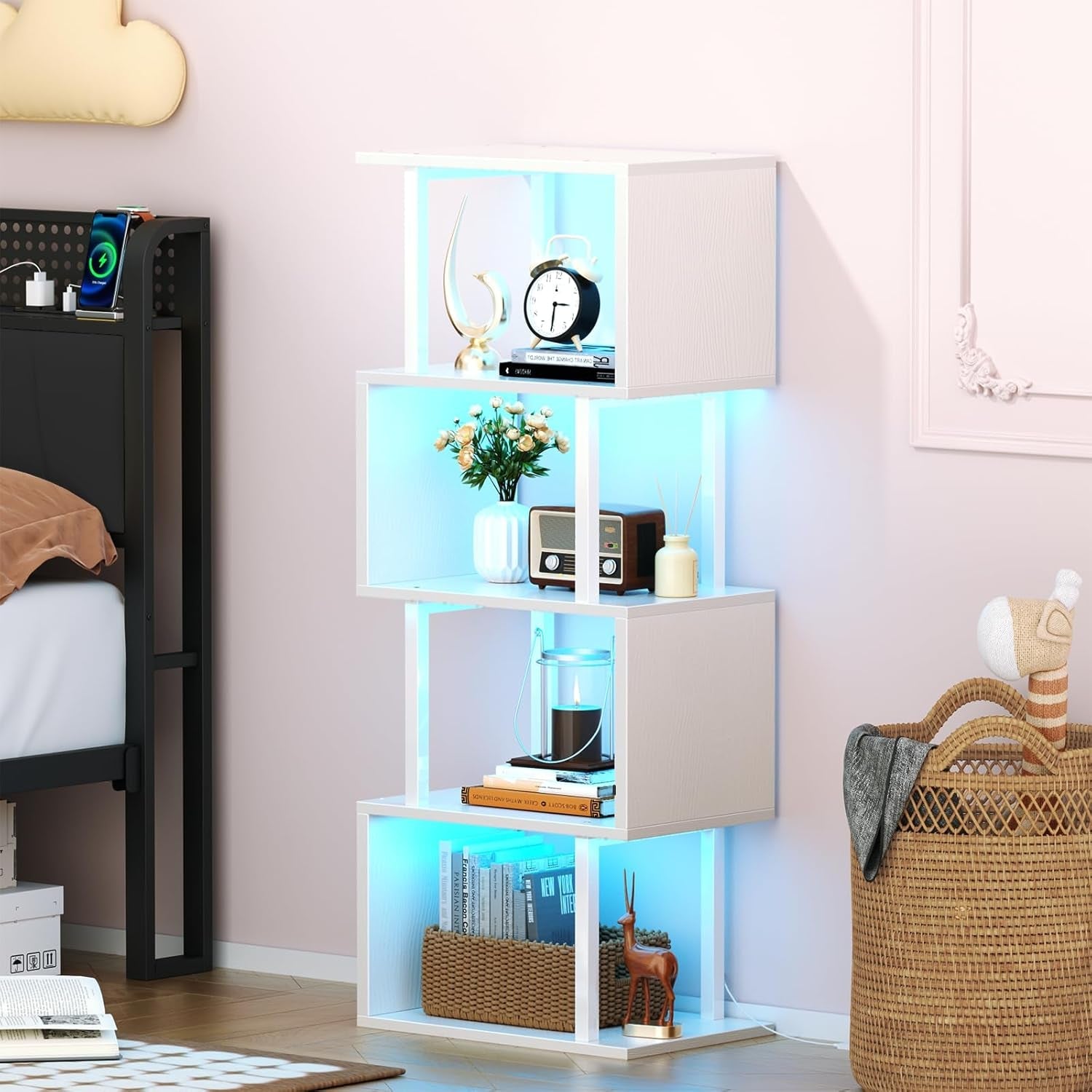 White Geometric Bookshelf With LED Light 5 Tier S Shaped Bookcase