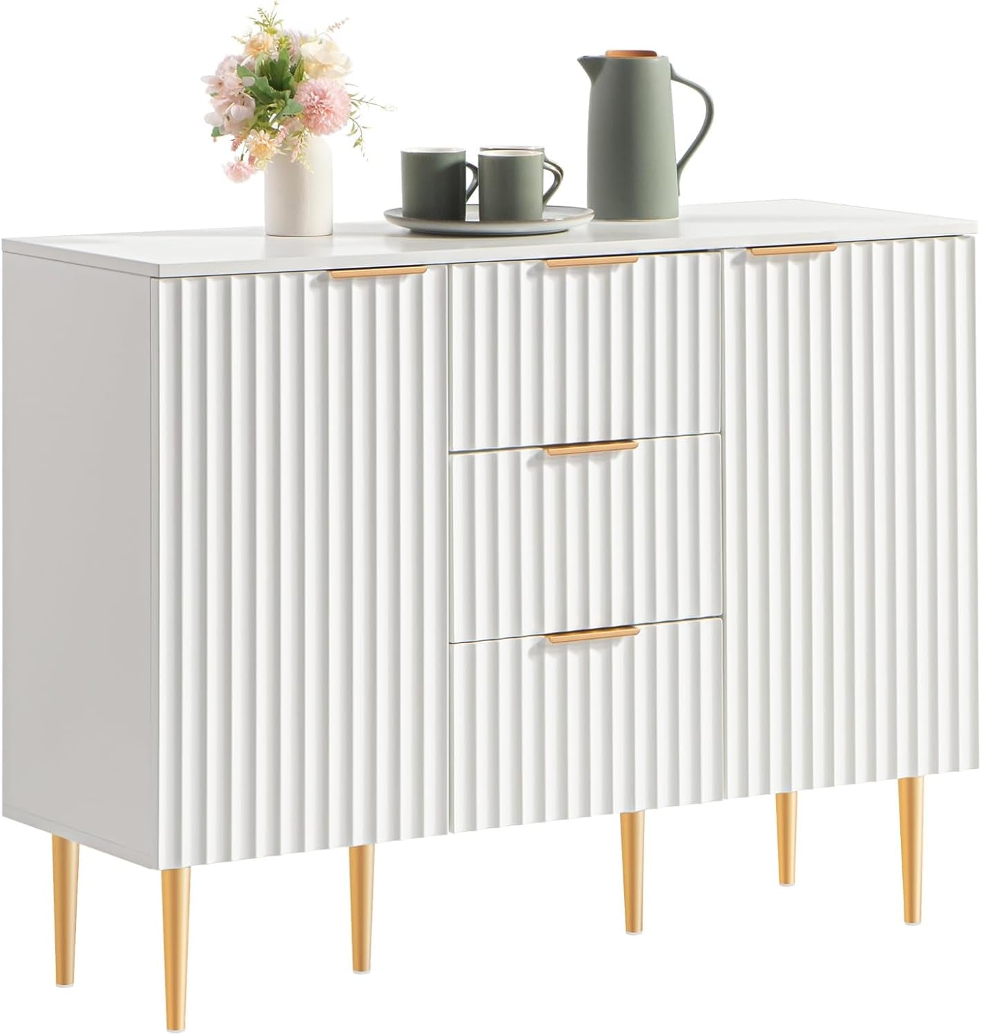 White Glossy Fluted Buffet Cabinet With 3 Drawers And Adjustable Shelves