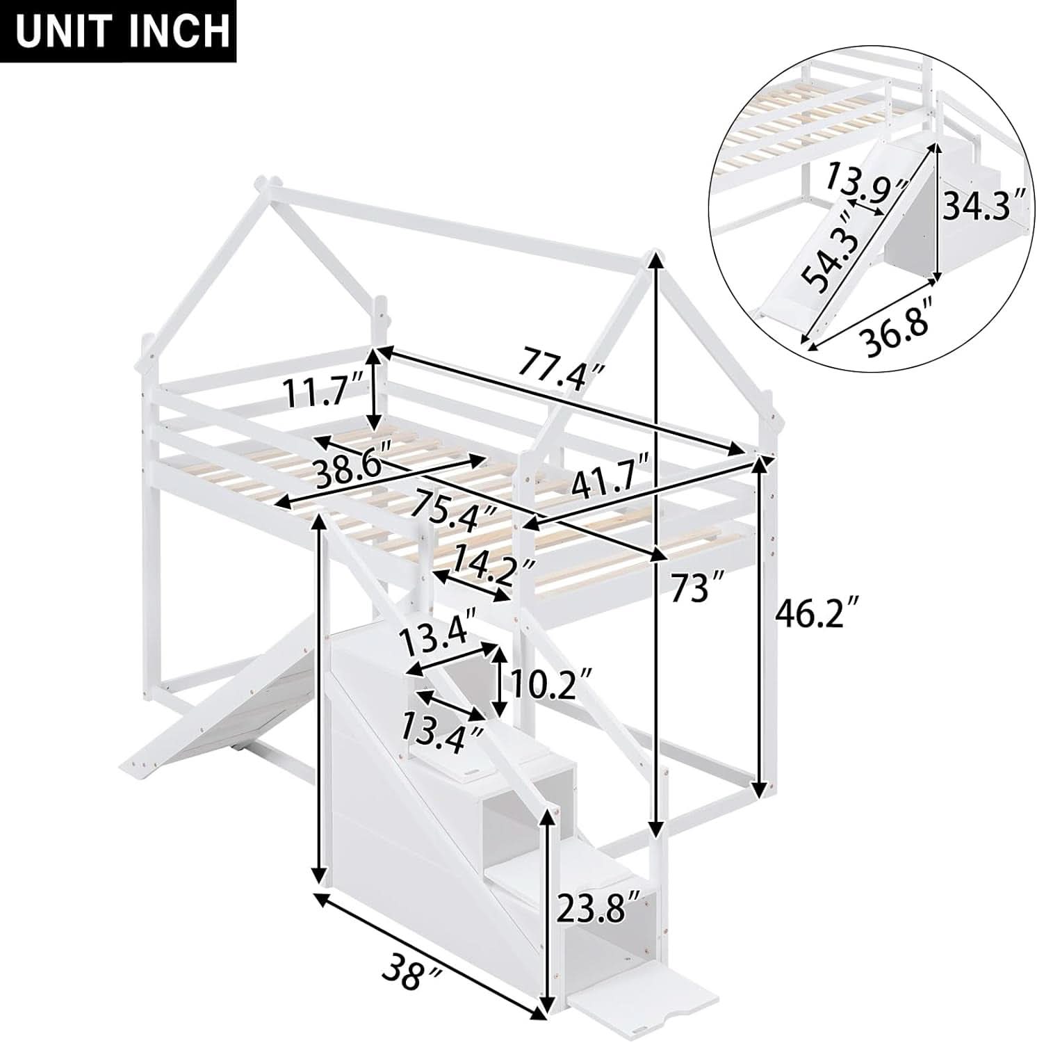 White House Twin Over Twin Bunk Bed With Slide And Stairs