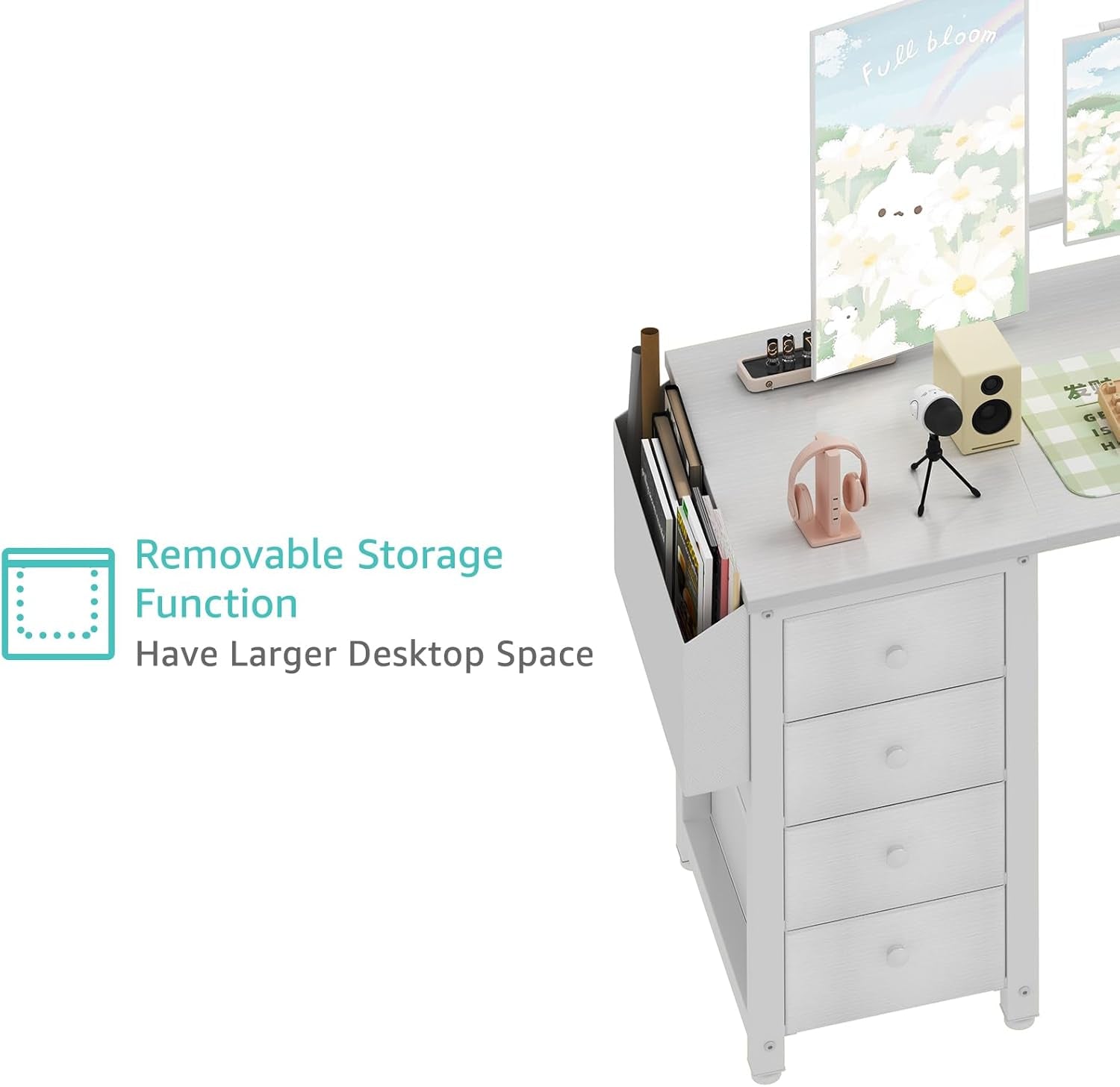 White L Shaped Desk 55 Inch With Power Outlet And Storage