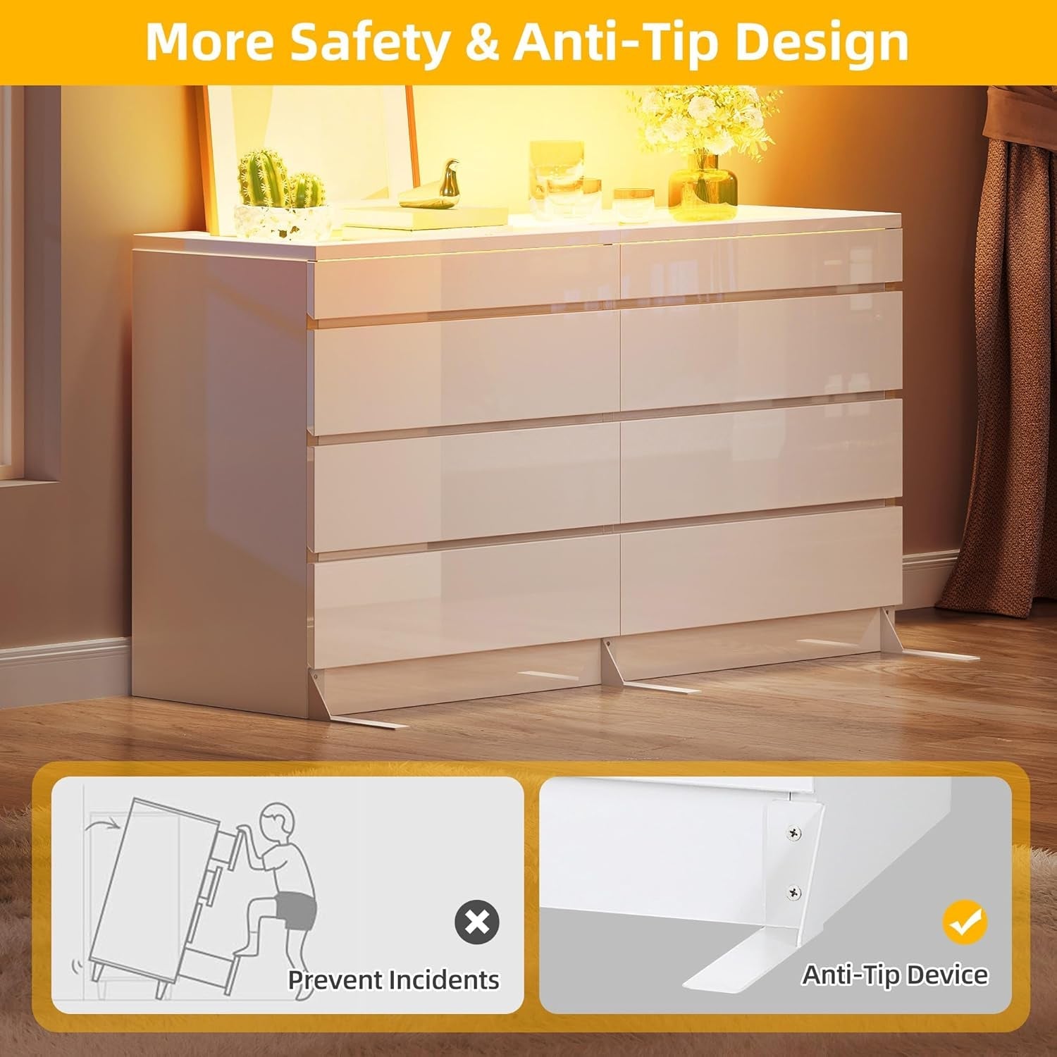 White LED Dresser With Tempered Glass Top 8 Drawers
