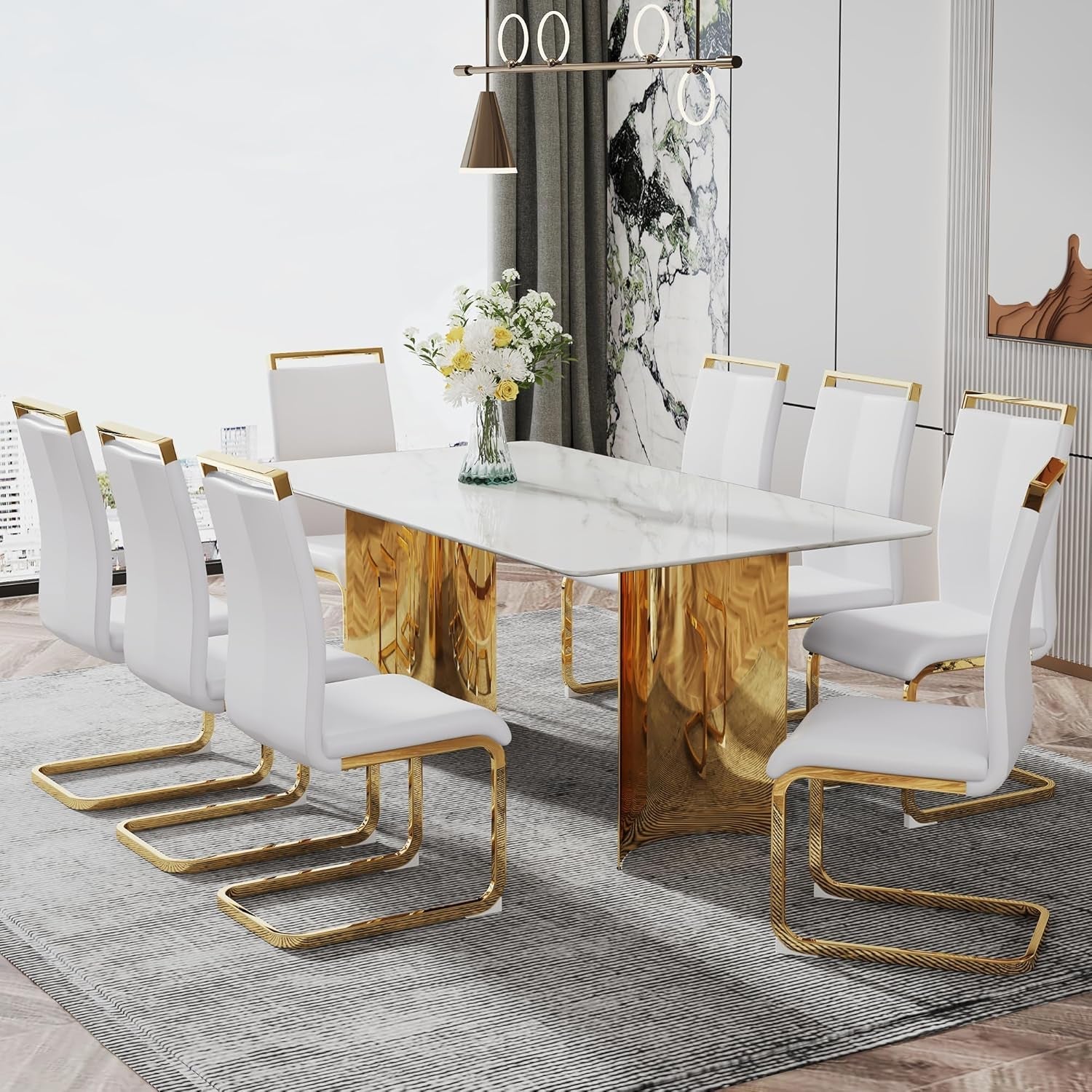 White Marble Dining Table 71 Inch Glass Top Gold Base