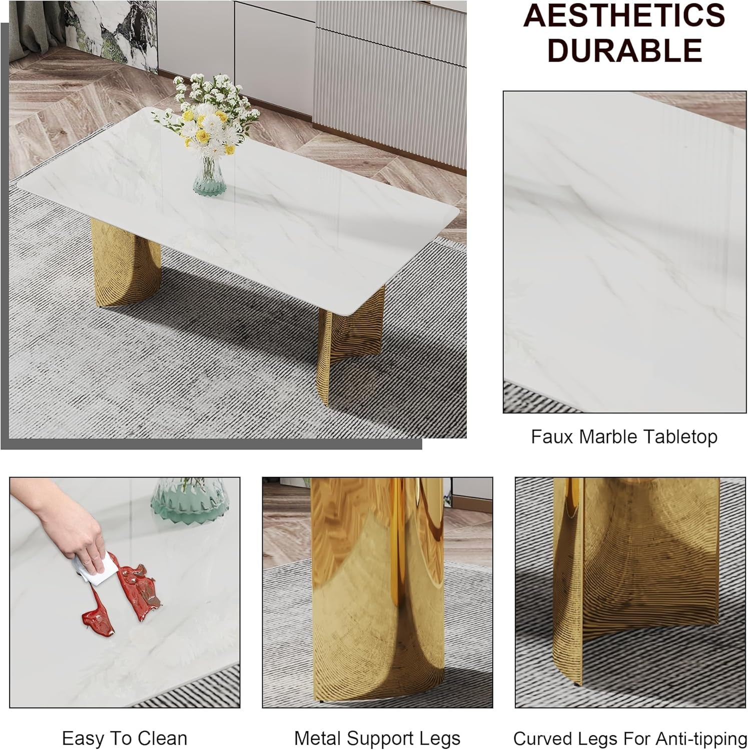 White Marble Dining Table 71 Inch Glass Top Gold Base