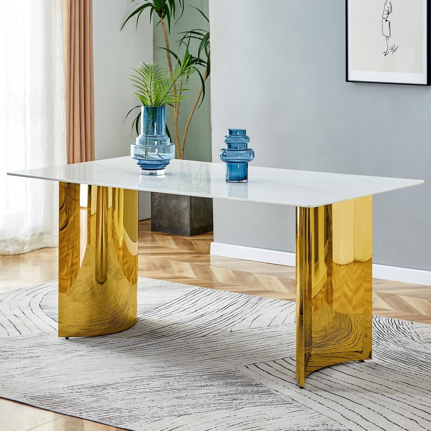 White Marble Dining Table 71 Inch Glass Top Gold Base