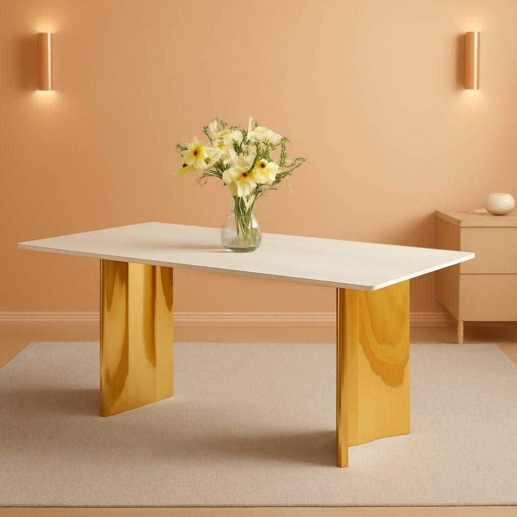 White Marble Dining Table 71 Inch Glass Top Gold Base
