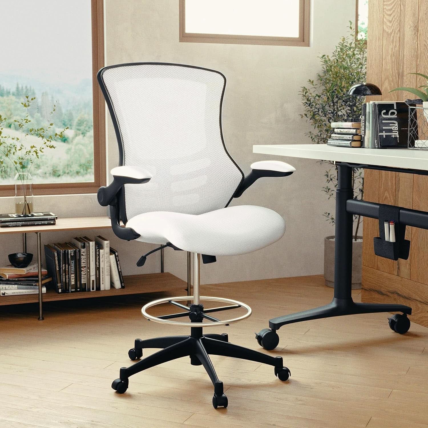 White Mesh Ergonomic Drafting Chair With Flip Up Arms