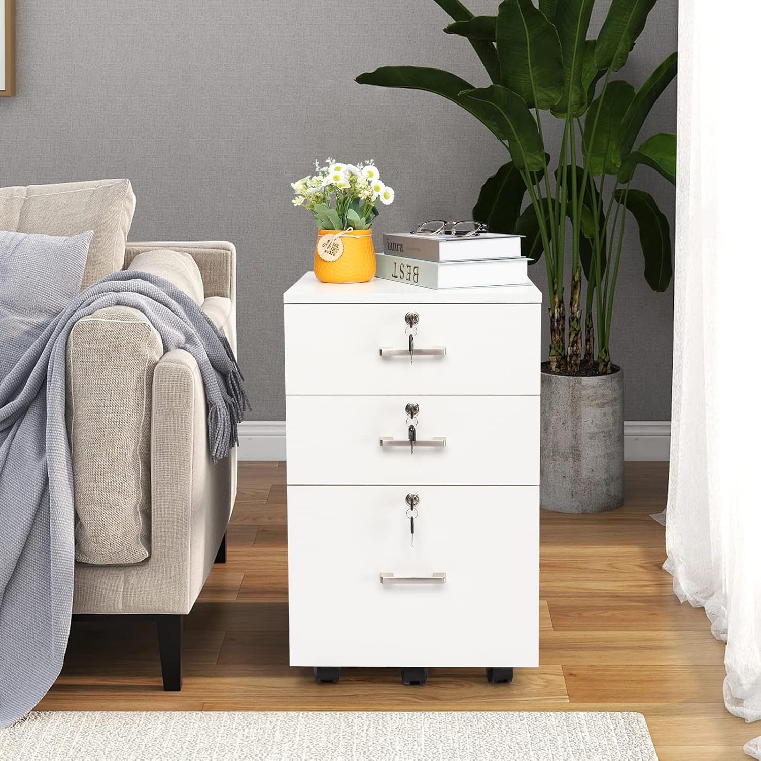 White Mobile File Cabinet 3 Drawer Lockable Office Storage