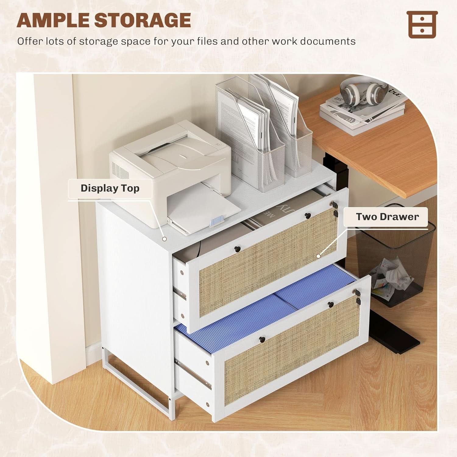 White Rattan 2 Drawer Locking Lateral File Cabinet