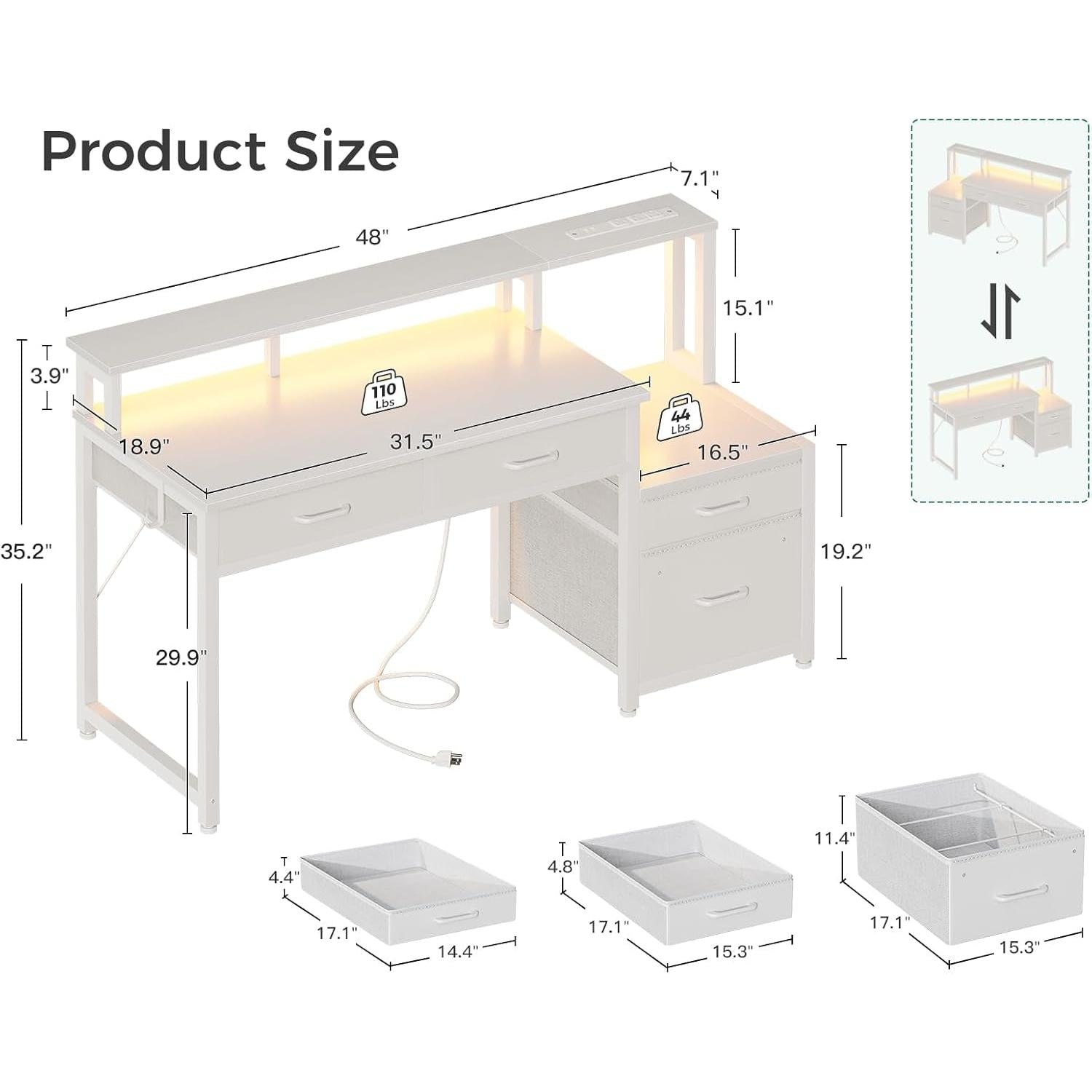 White Reversible Desk With LED Lighting For Home Office
