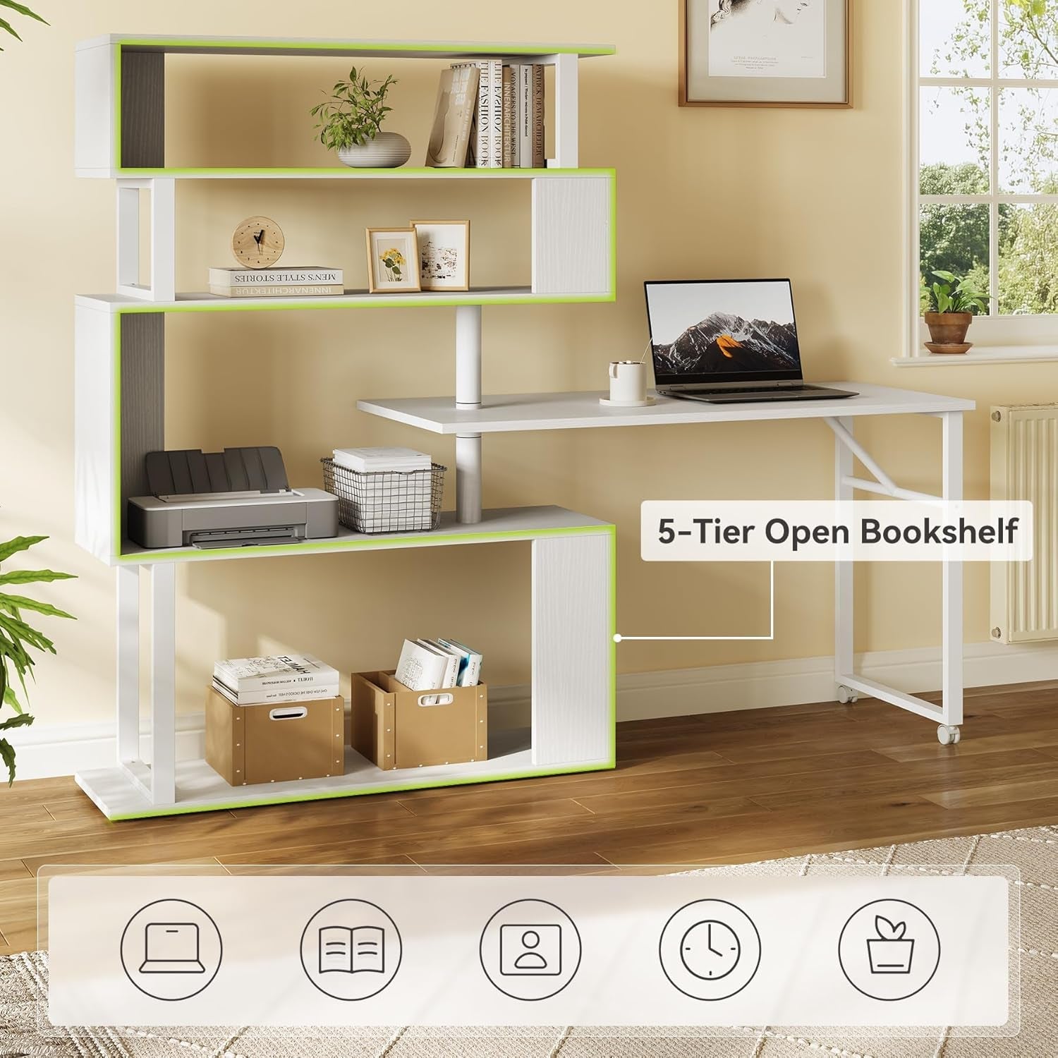 White Rotating L Shaped Desk with Bookshelf Storage