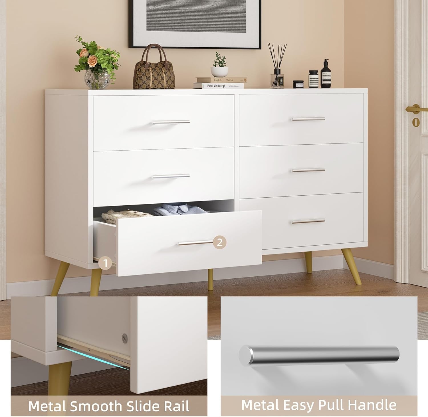 White Six Drawer Dresser For Bedroom Home Organization