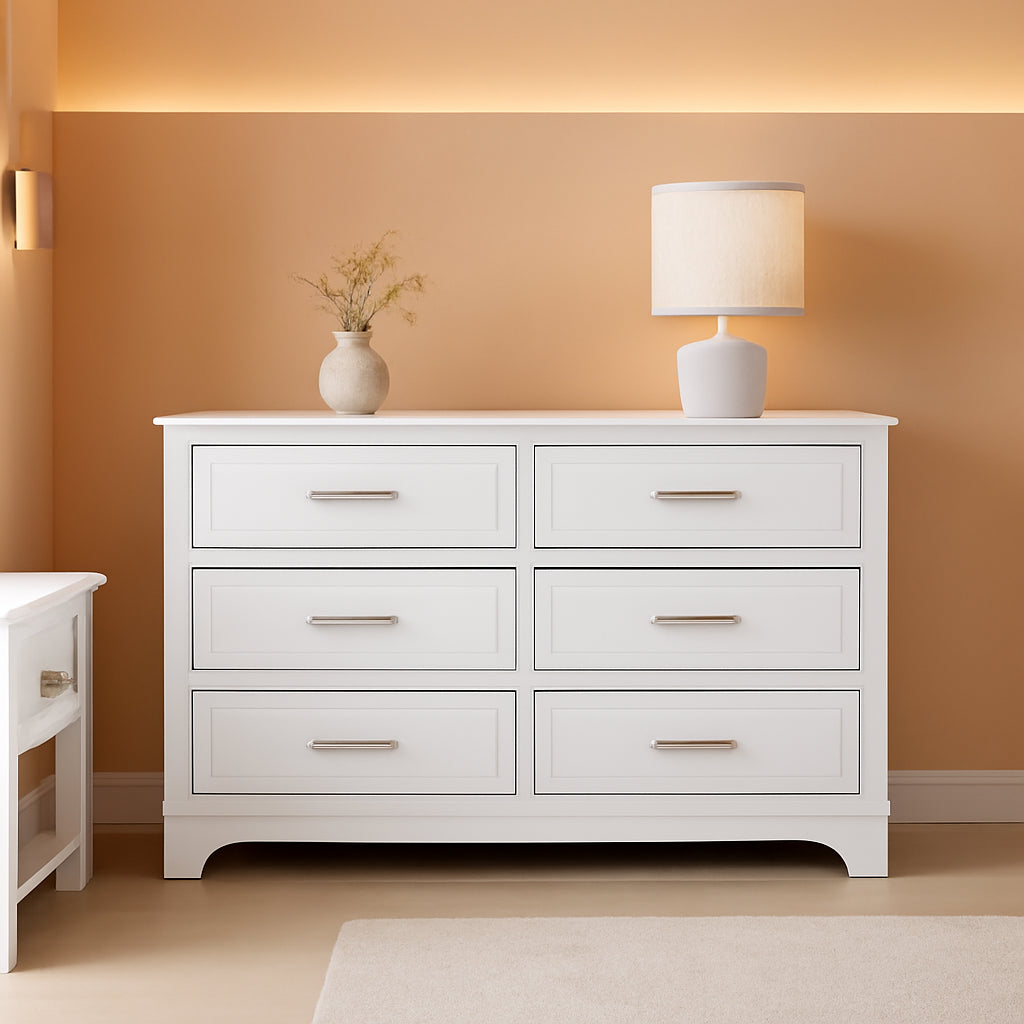 White Six Drawer Dresser With Metal Handles And Sleek Finish