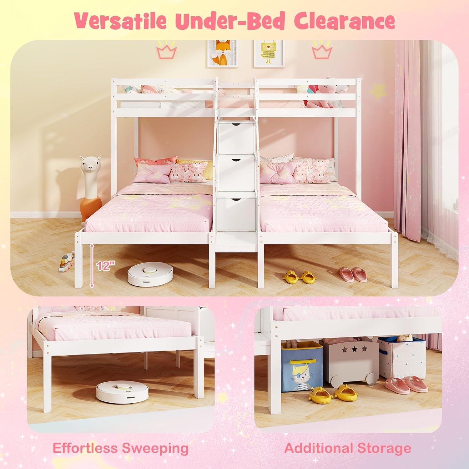 White Solid Wood Triple Bunk Bed With Storage Stair