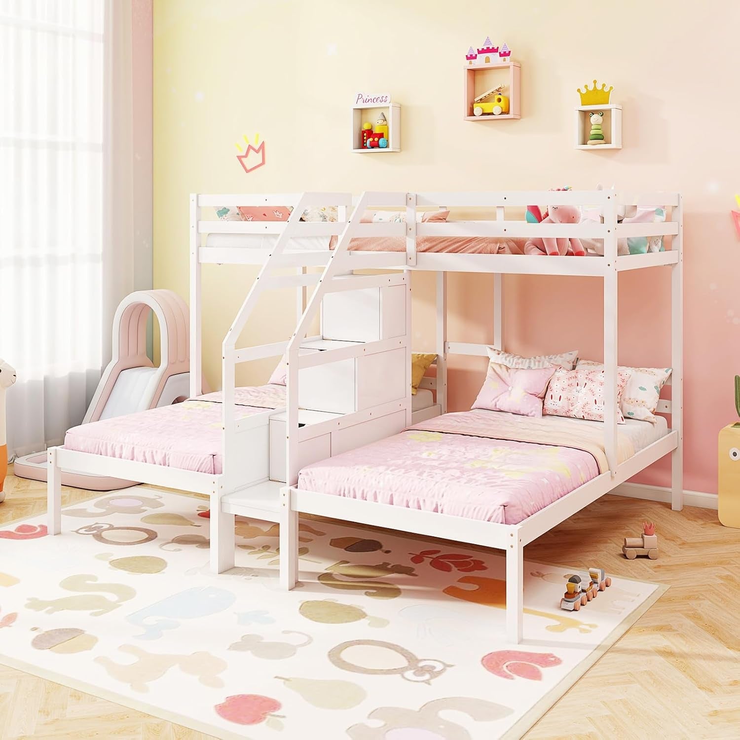 White Solid Wood Triple Bunk Bed With Storage Stair
