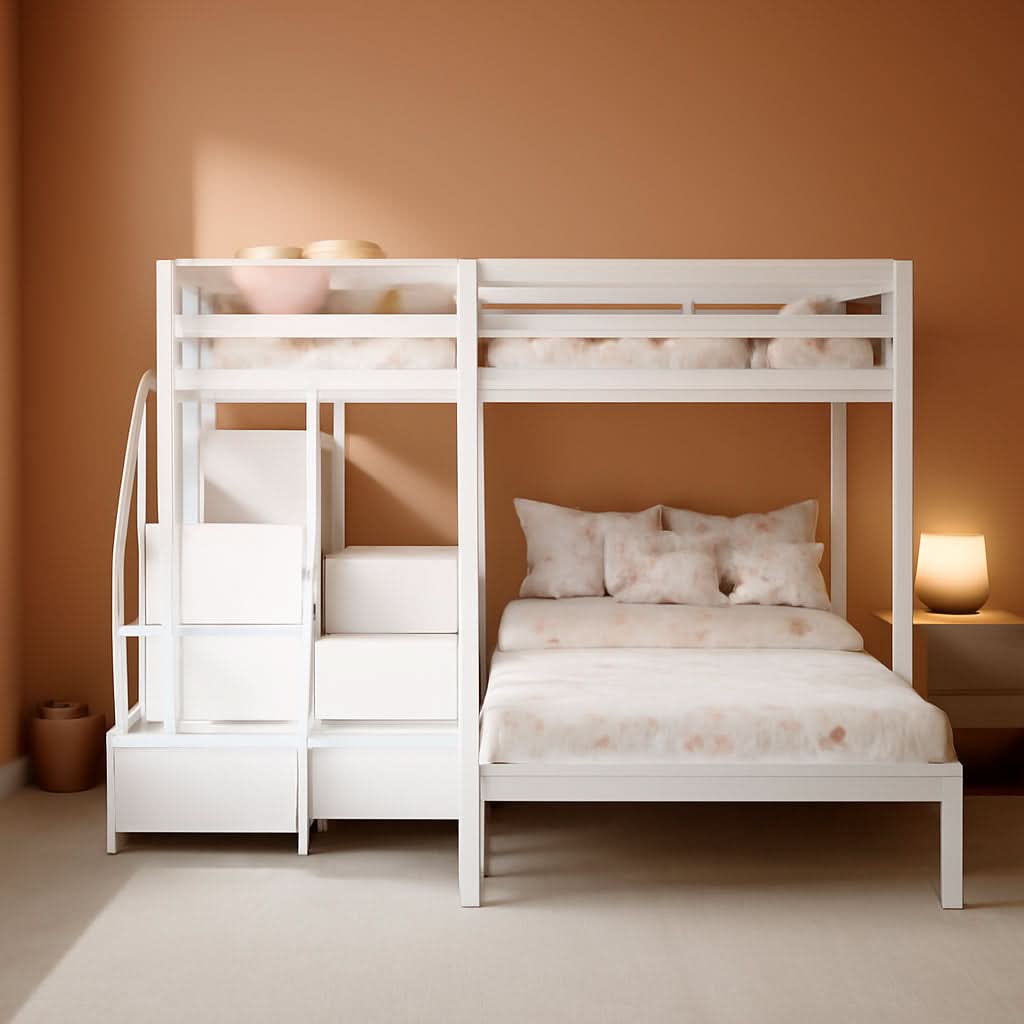 White Solid Wood Triple Bunk Bed With Storage Stair