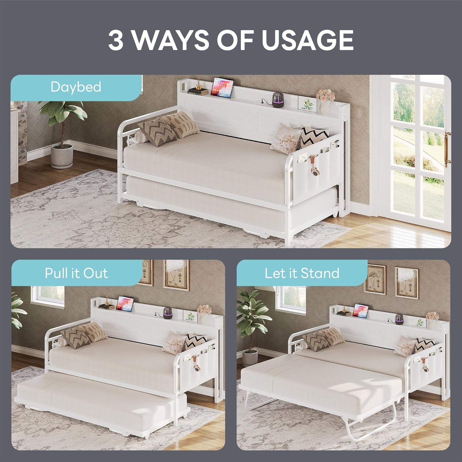 White Twin Daybed With Trundle And Storage Headboard