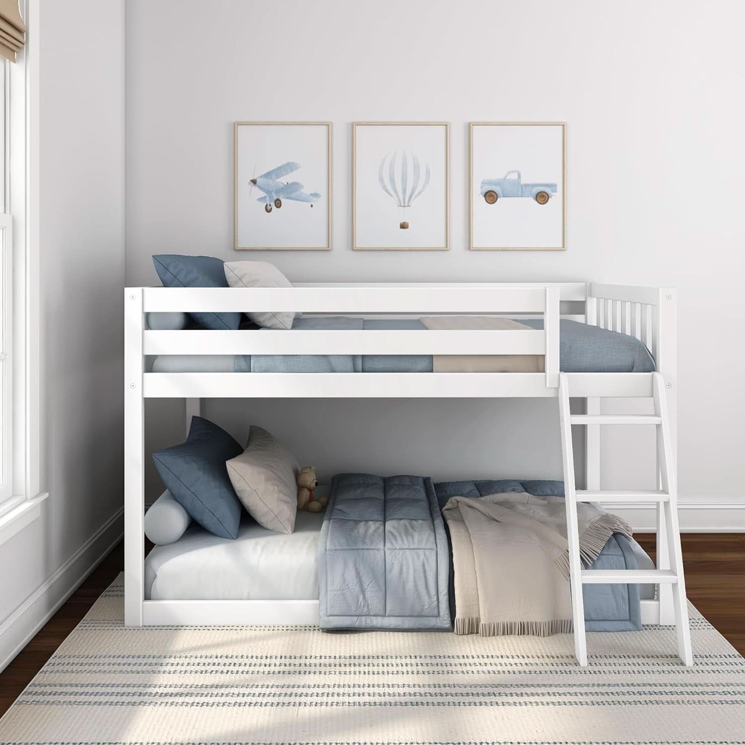 White Twin Low Bunk Bed Solid Wood Frame For Kids Safe