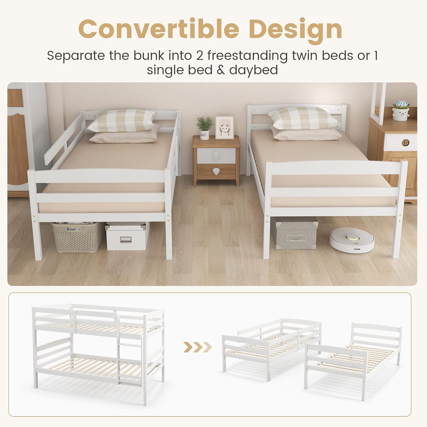 White Twin Over Twin Bunk Bed With Integrated Ladder