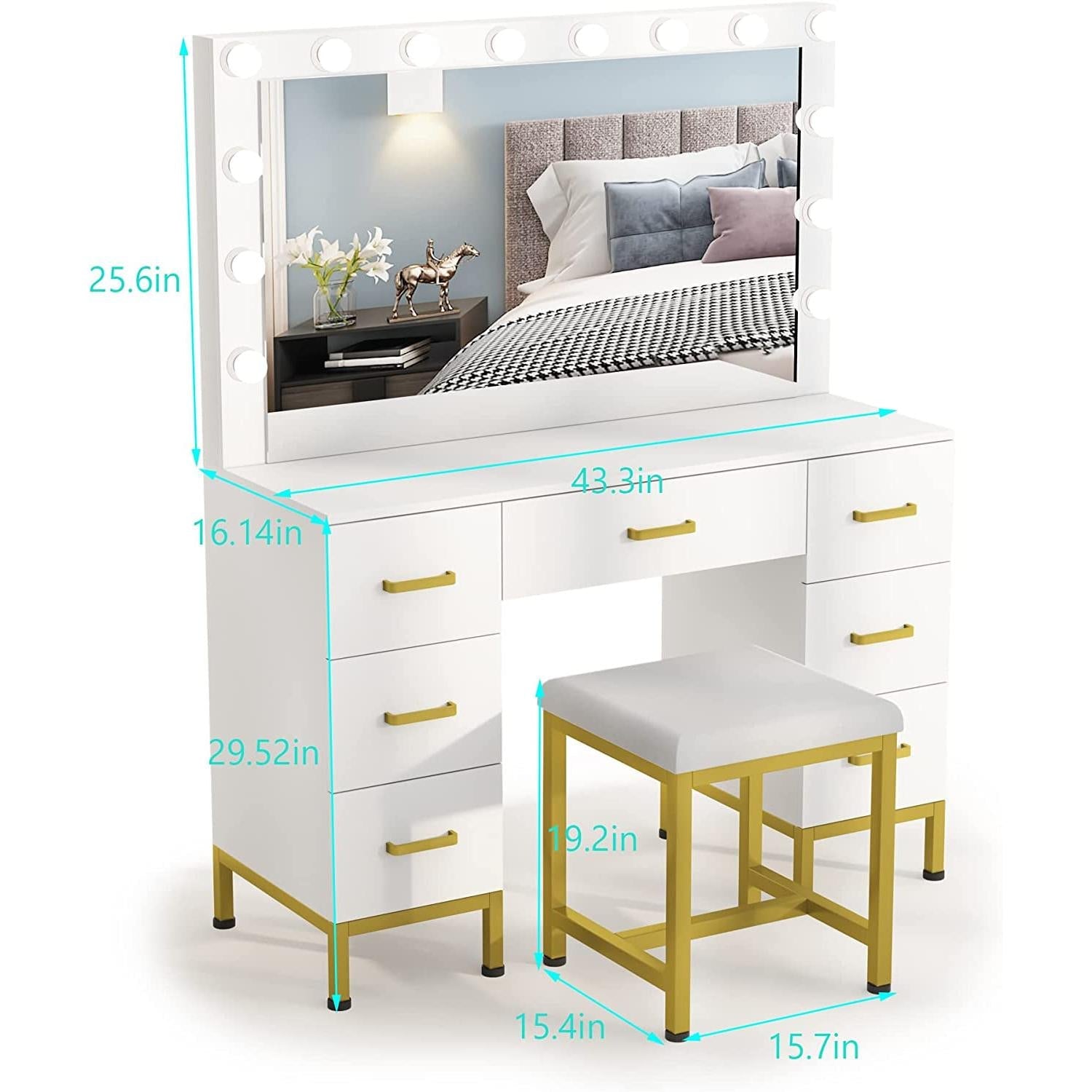 White Vanity Desk Set With Lighted Mirror For Bedroom
