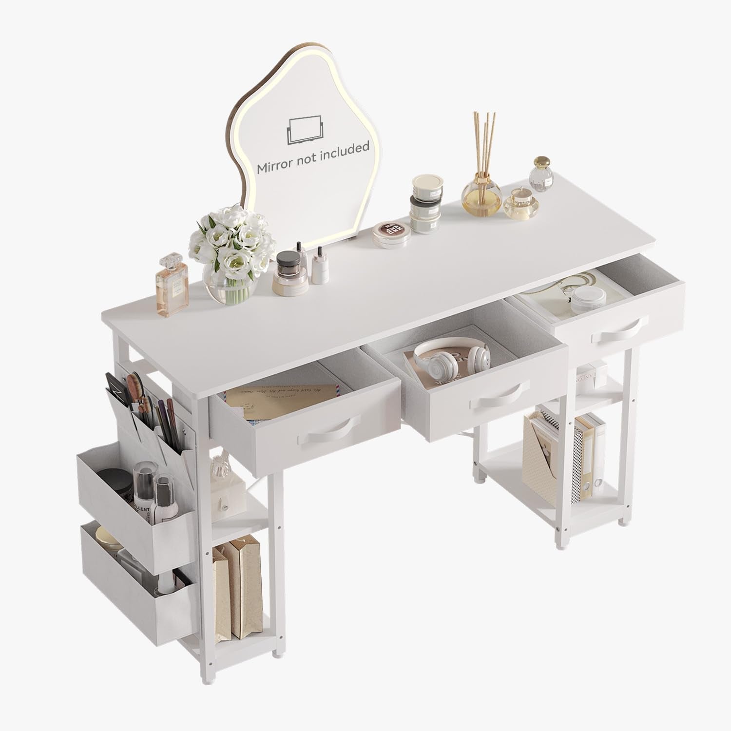 White Vanity Desk With LED Lighting And Fabric Drawers