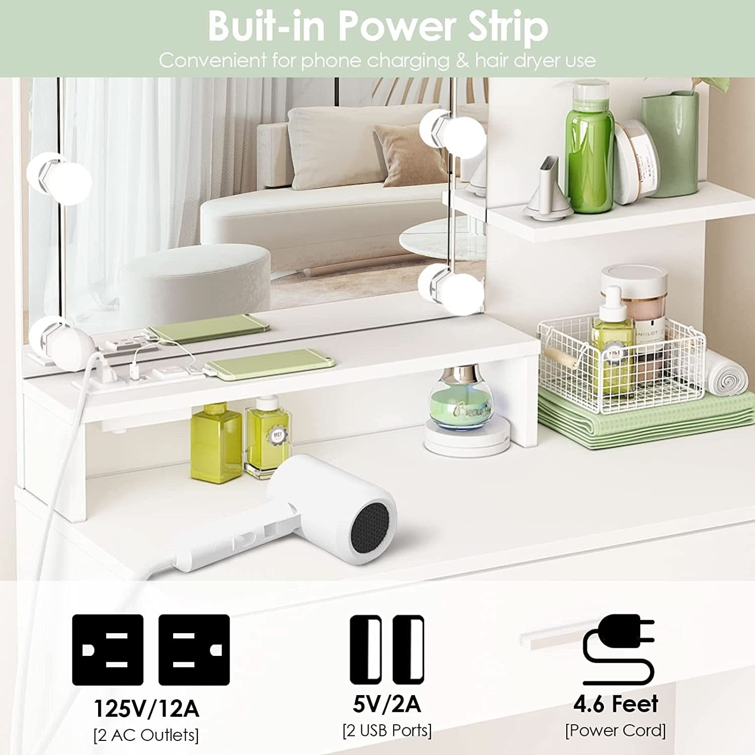 White Vanity Set With Lighted Mirror And Built In Power