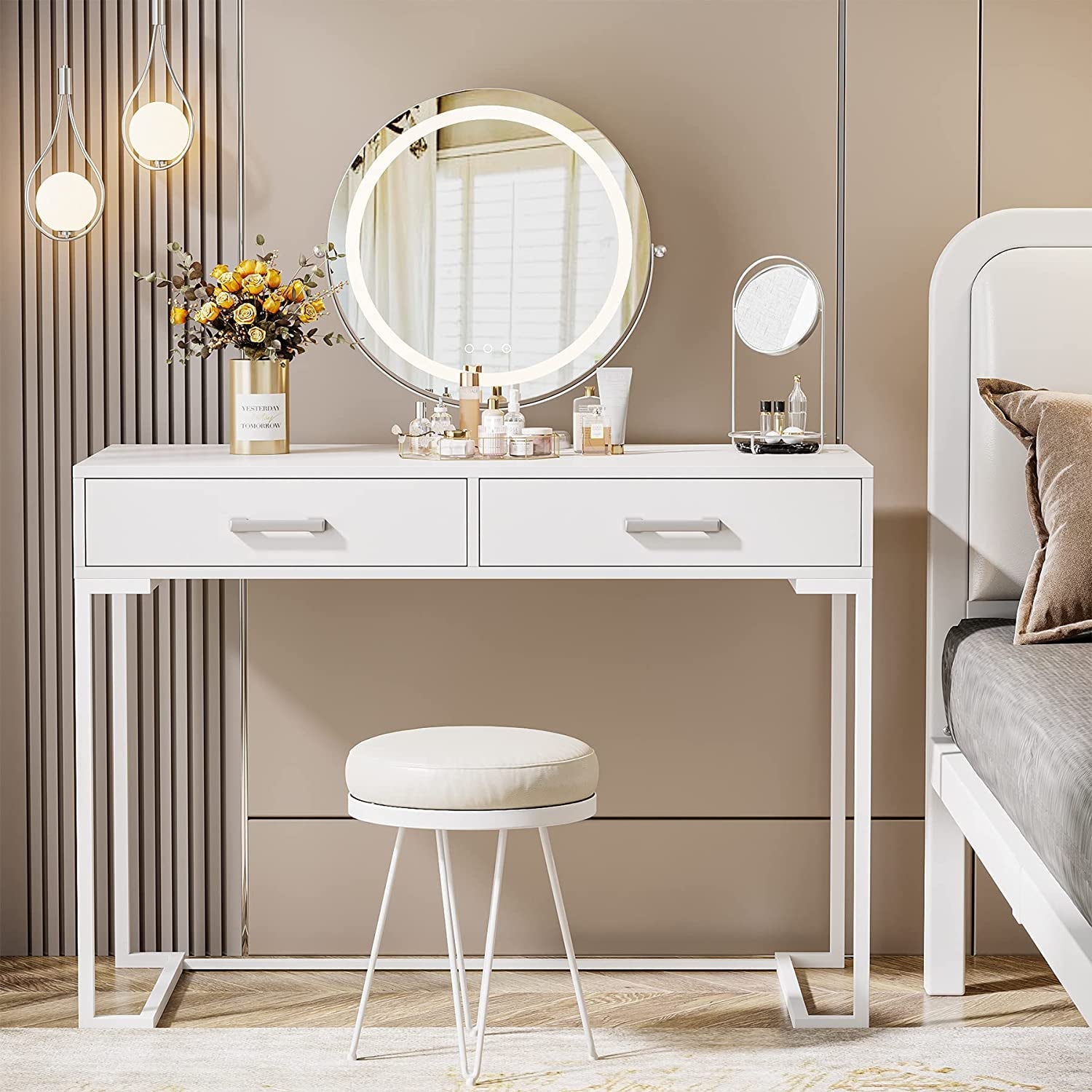 White Vanity Table With Gold Metal Frame And Two Drawers