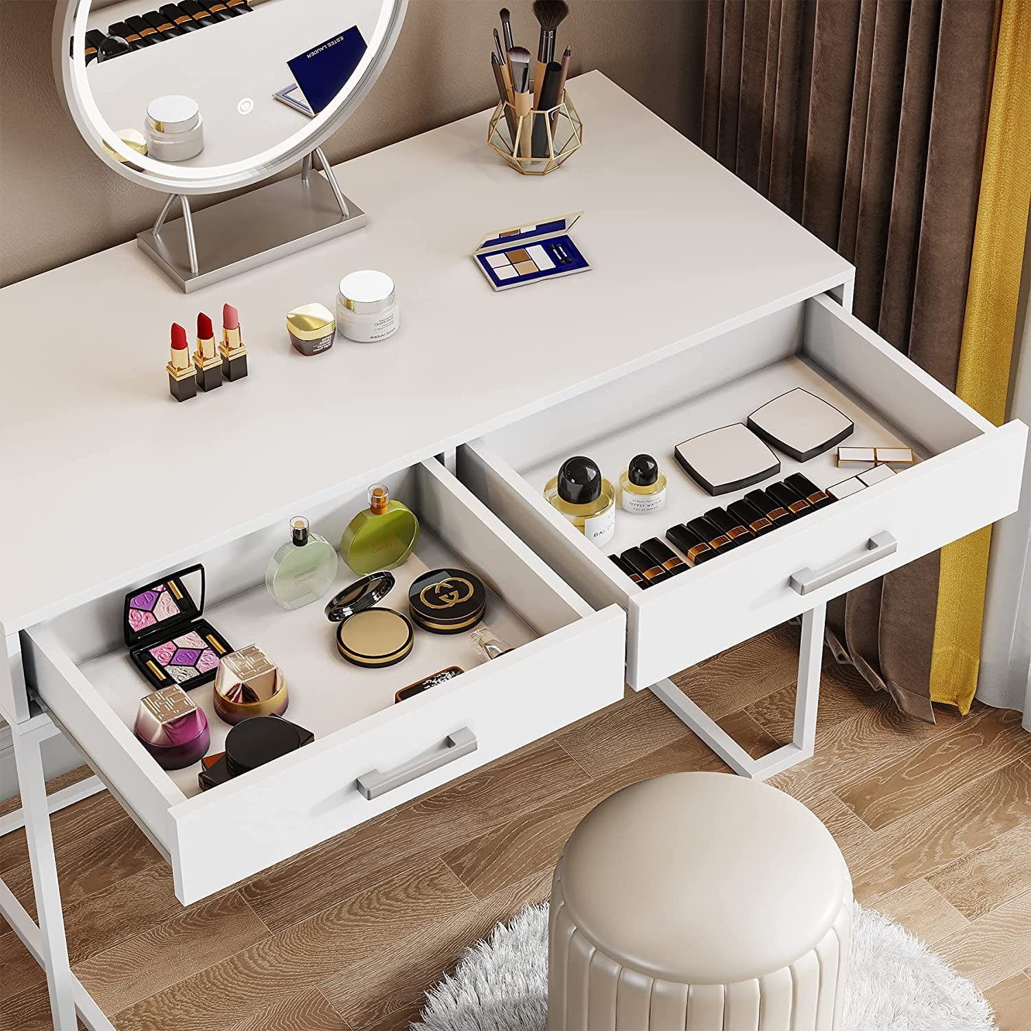White Vanity Table With Gold Metal Frame And Two Drawers