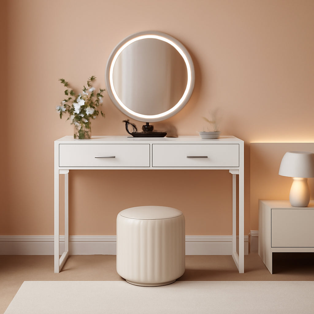 White Vanity Table With Gold Metal Frame And Two Drawers