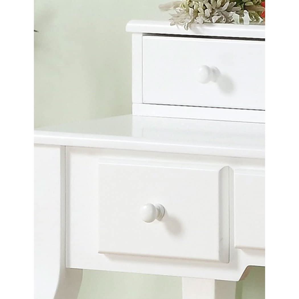 White Wood Makeup Vanity Set With Beige Upholstered Stool