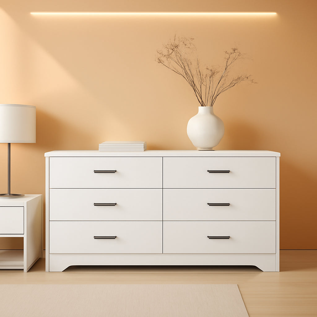 White Wooden Six Drawer Chest of Drawers for Bedroom