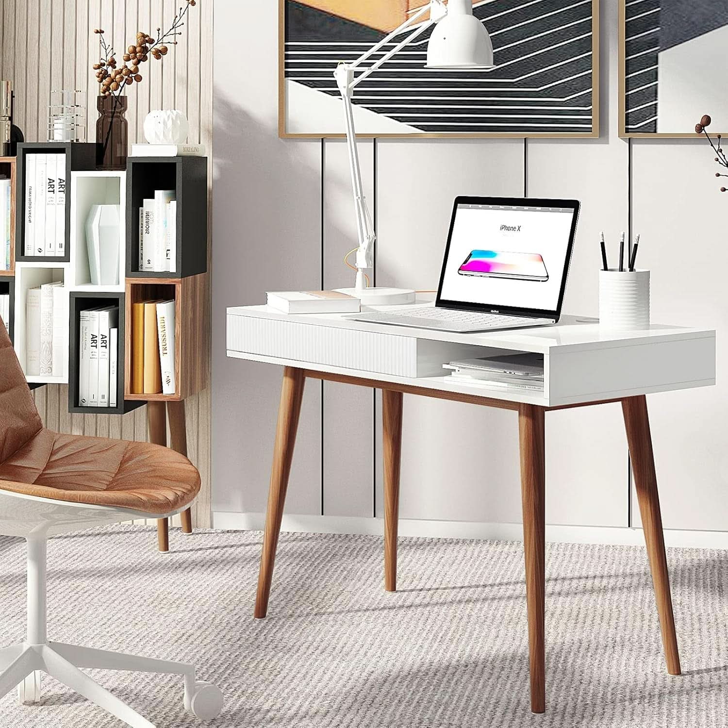 White Writing Desk With Drawers Mid Century Modern