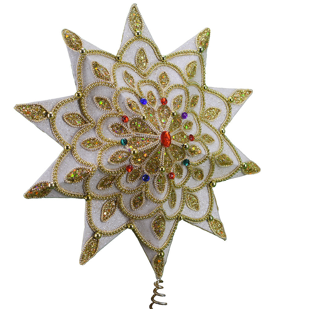 White and Gold Jeweled Star Treetop - 16 Inch