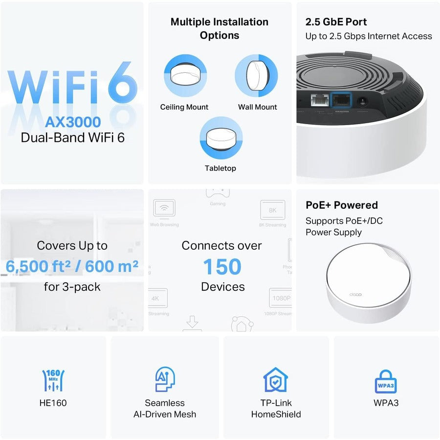 Wi-Fi 6 Mesh System - AX3000 Whole Home Network with PoE | TP-Link DECO X50-POE(3-PACK)