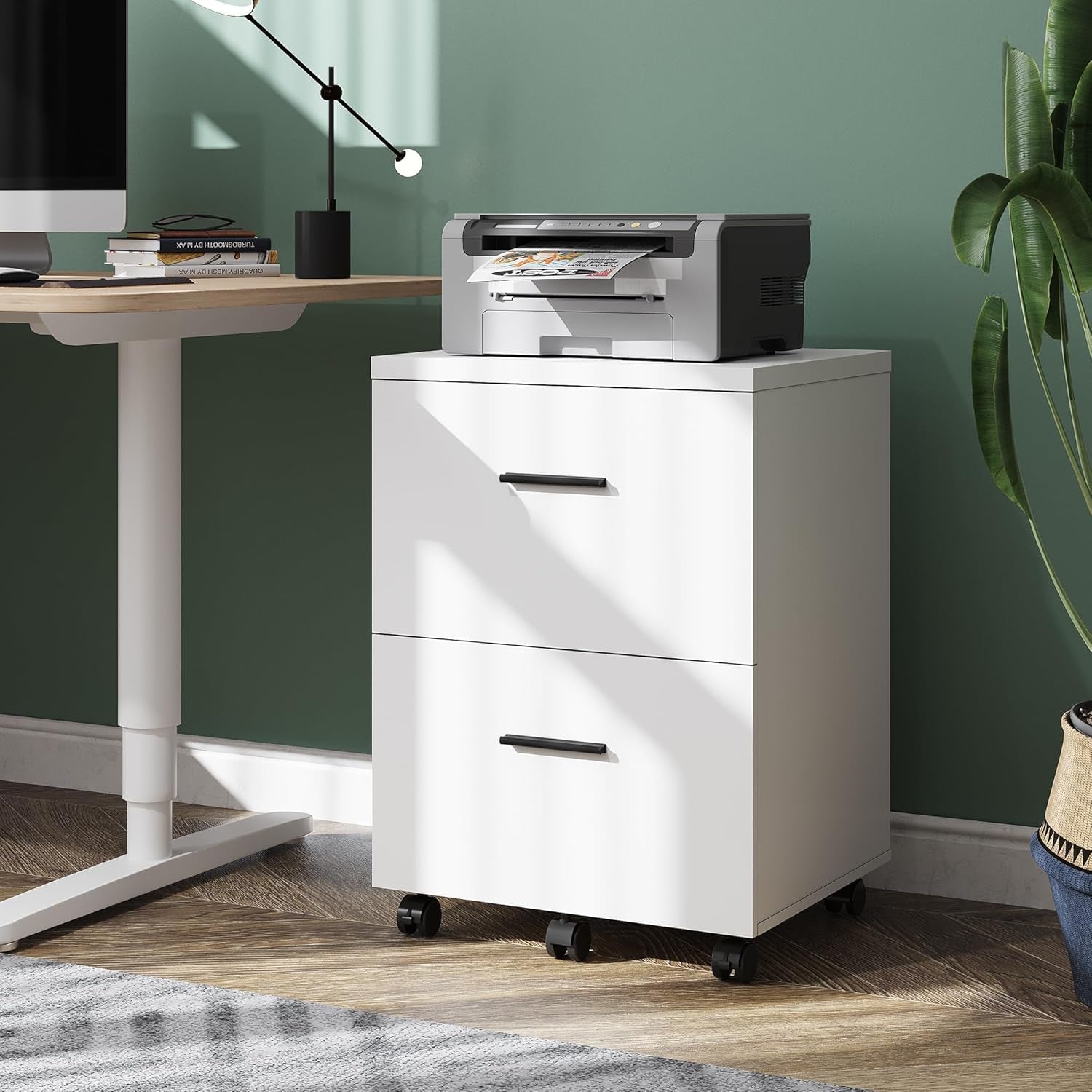 Wood 2 Drawer File Cabinet With Wheels For Home Office White