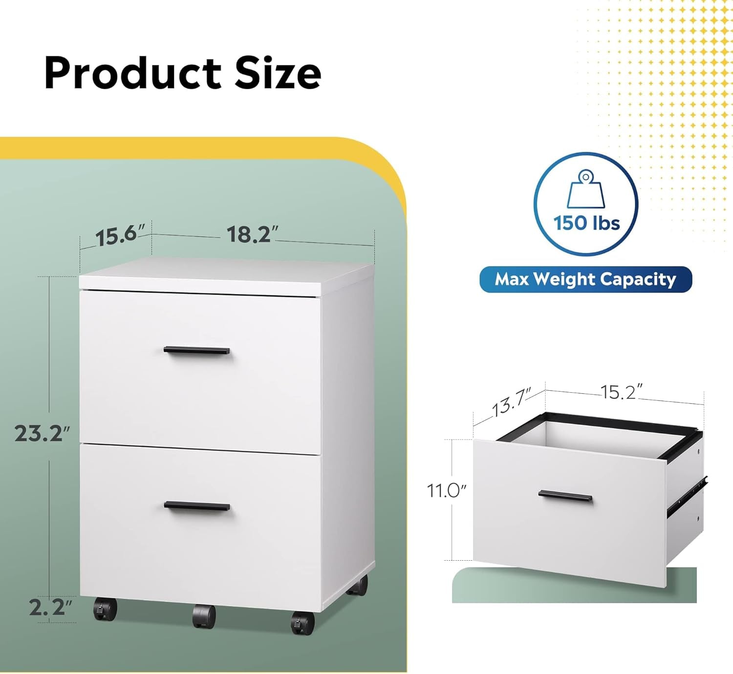 Wood 2 Drawer File Cabinet With Wheels For Home Office White